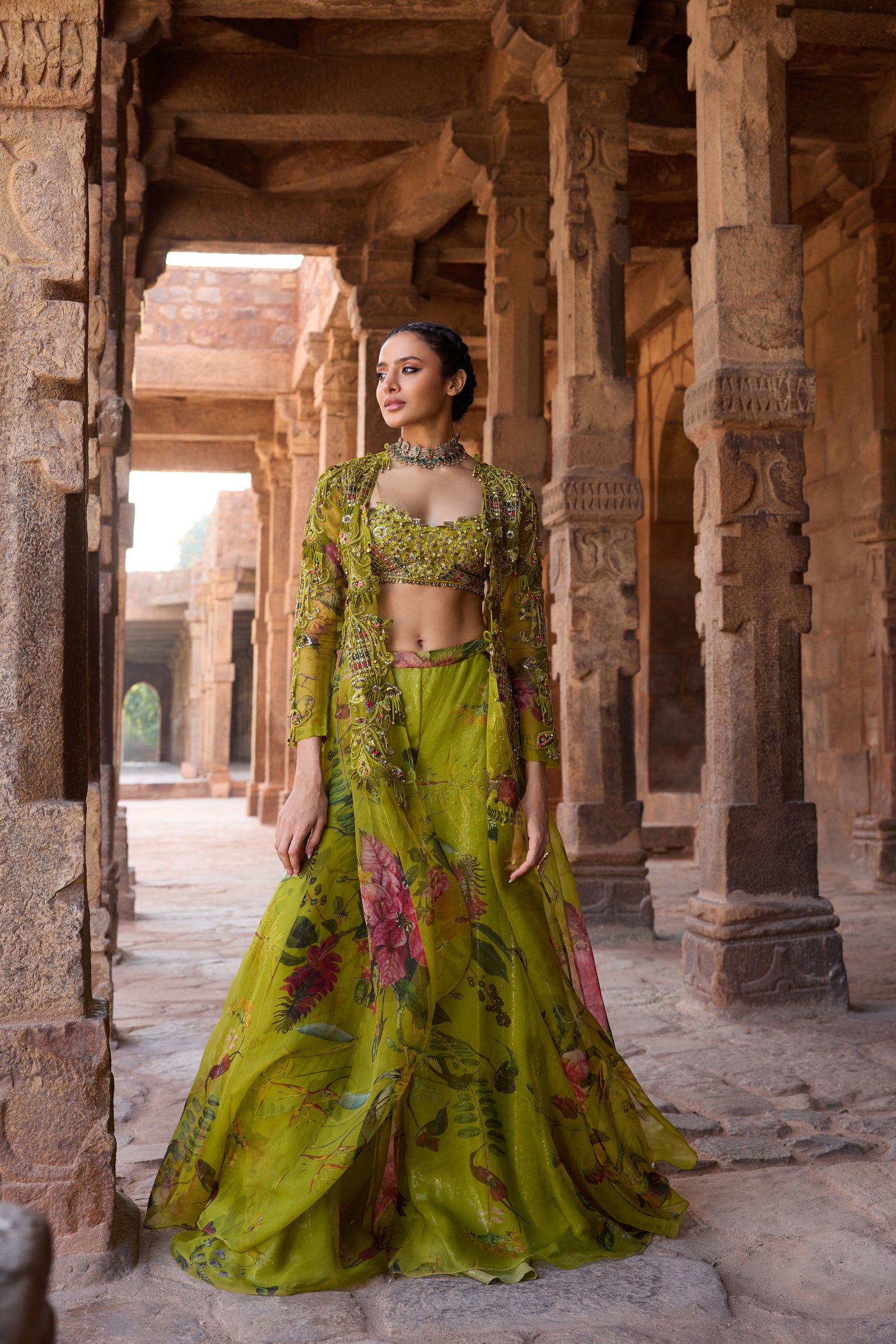 Green Long Jacket Set Paired With Plazzo And Embellished Bustier