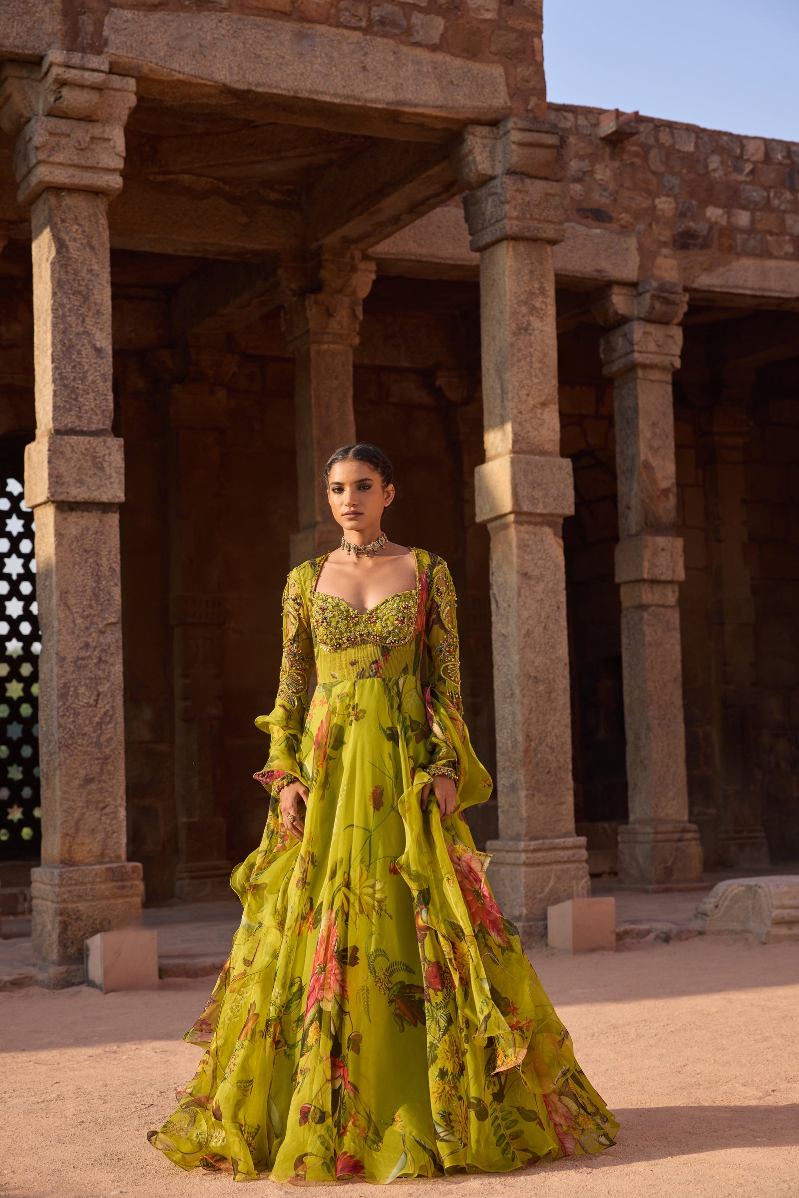Green Printed Embellished Anarkali Set