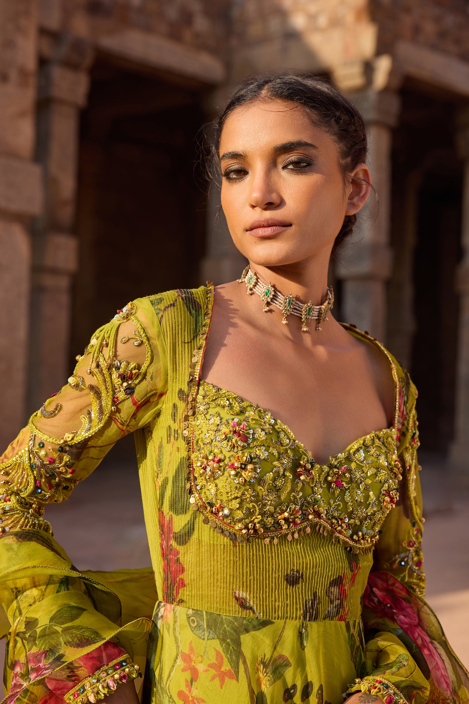 Green Printed Embellished Anarkali Set