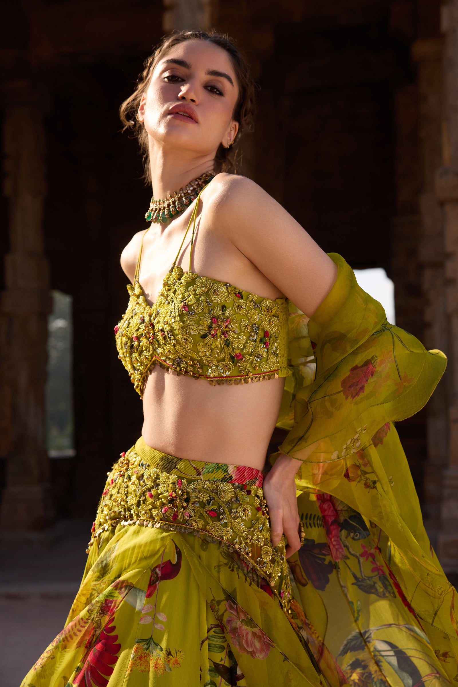 Green Printed Embellished Lehenga Set