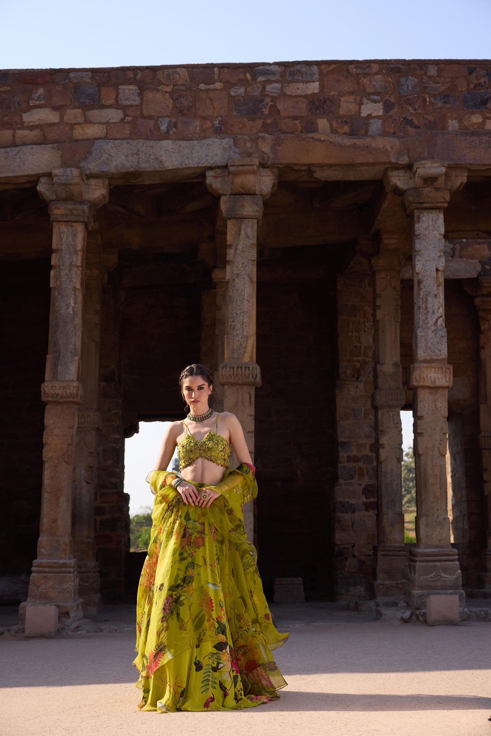 Green Printed Embellished Lehenga Set