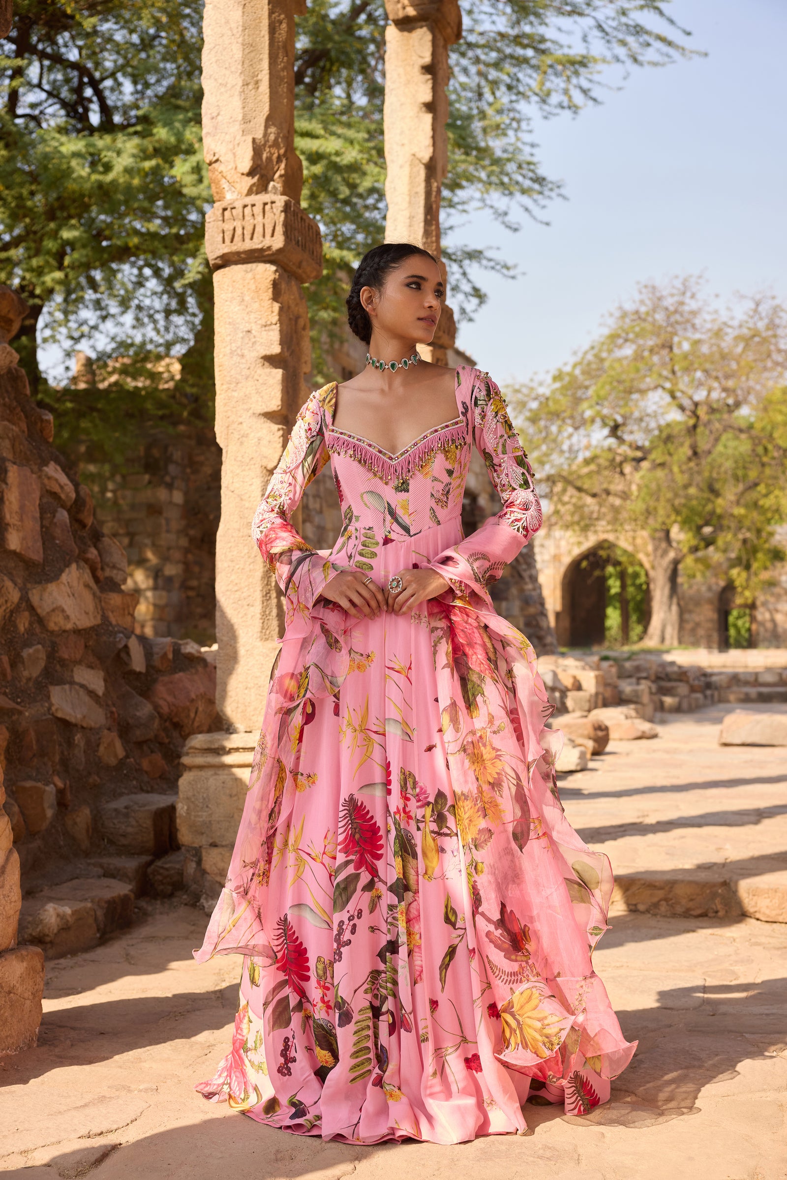 Pink Printed Anarkali Set