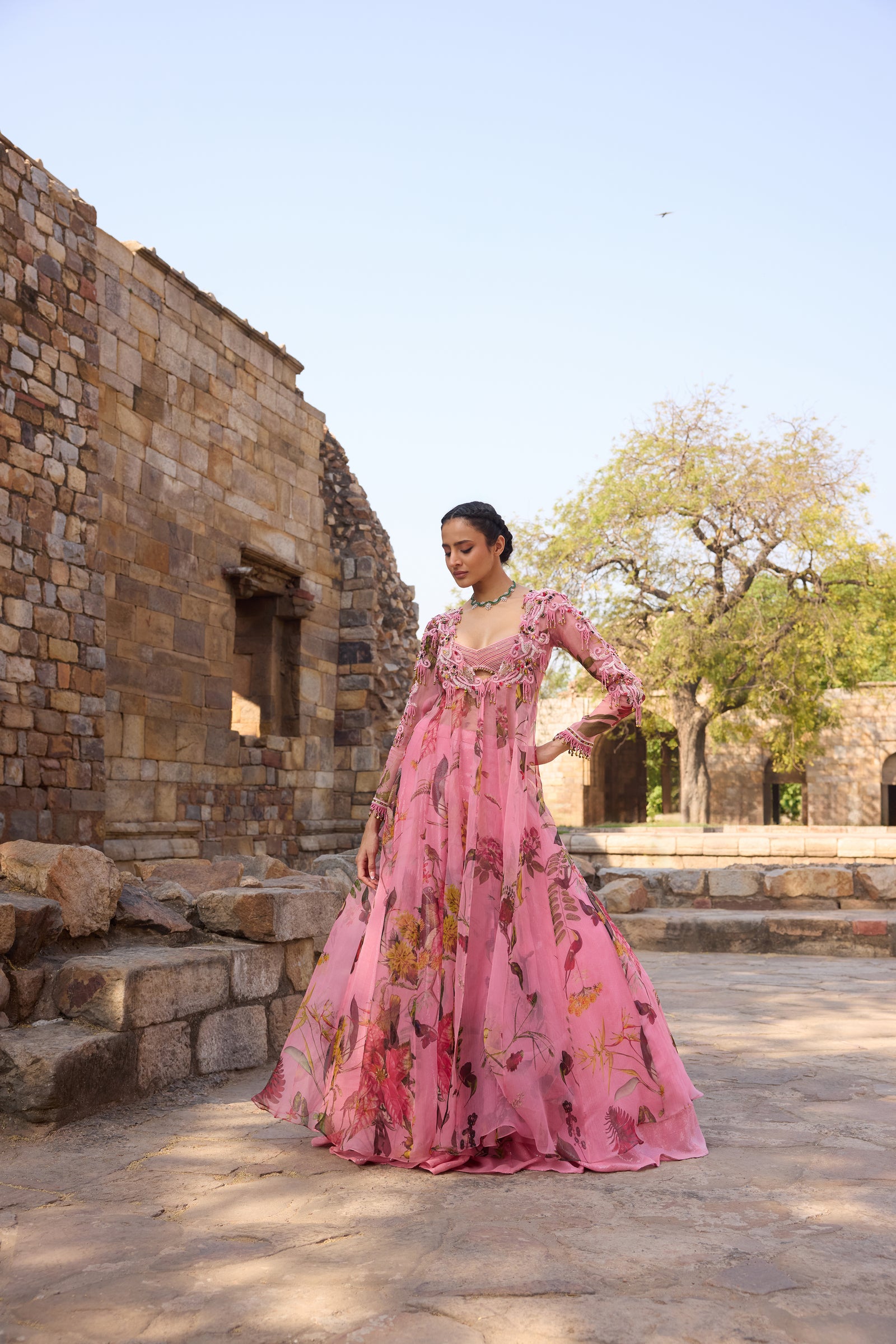 Pink Printed Embellished Long Jacket Set With Skirt And Embellished Bustier
