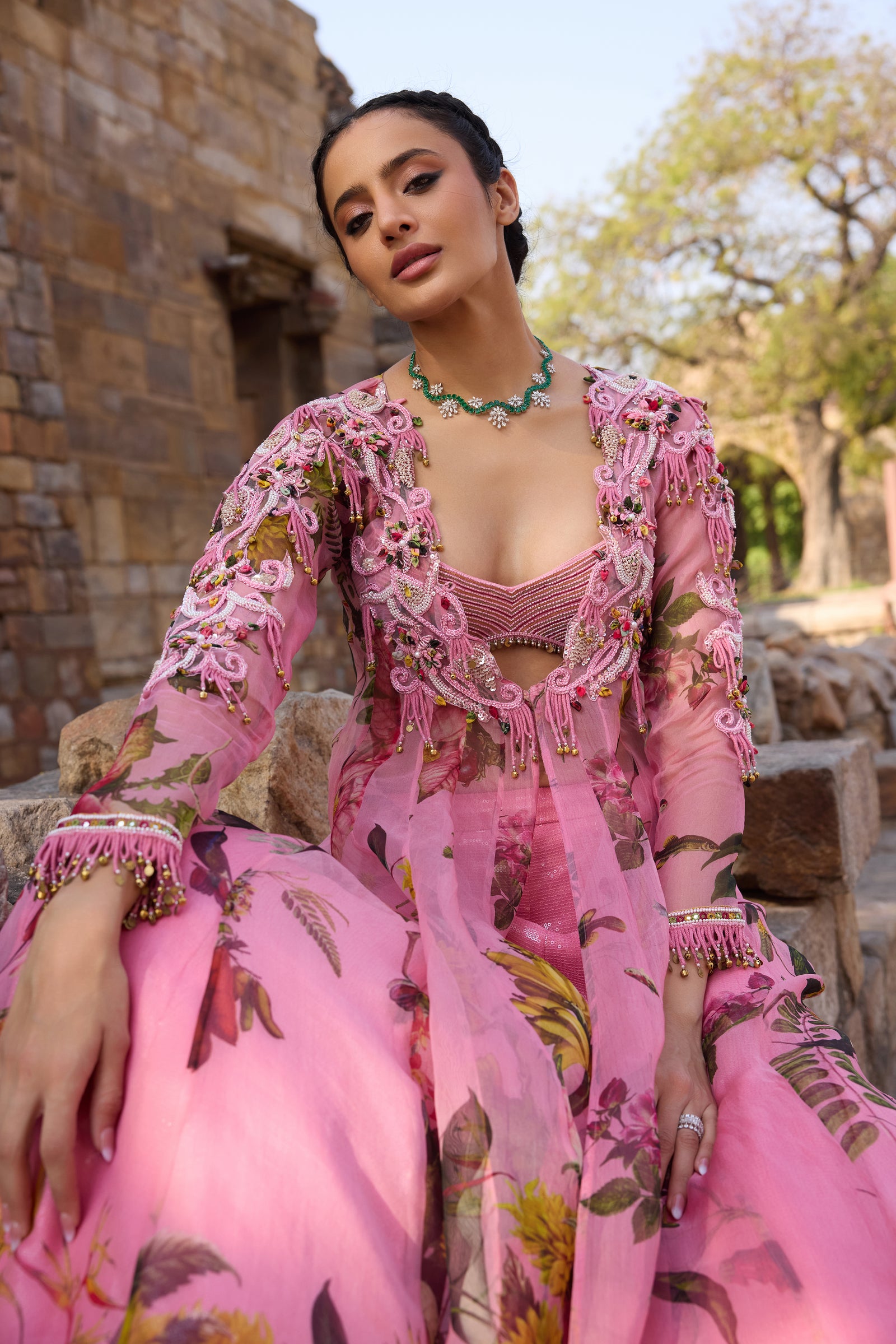 Pink Printed Embellished Long Jacket Set With Skirt And Embellished Bustier