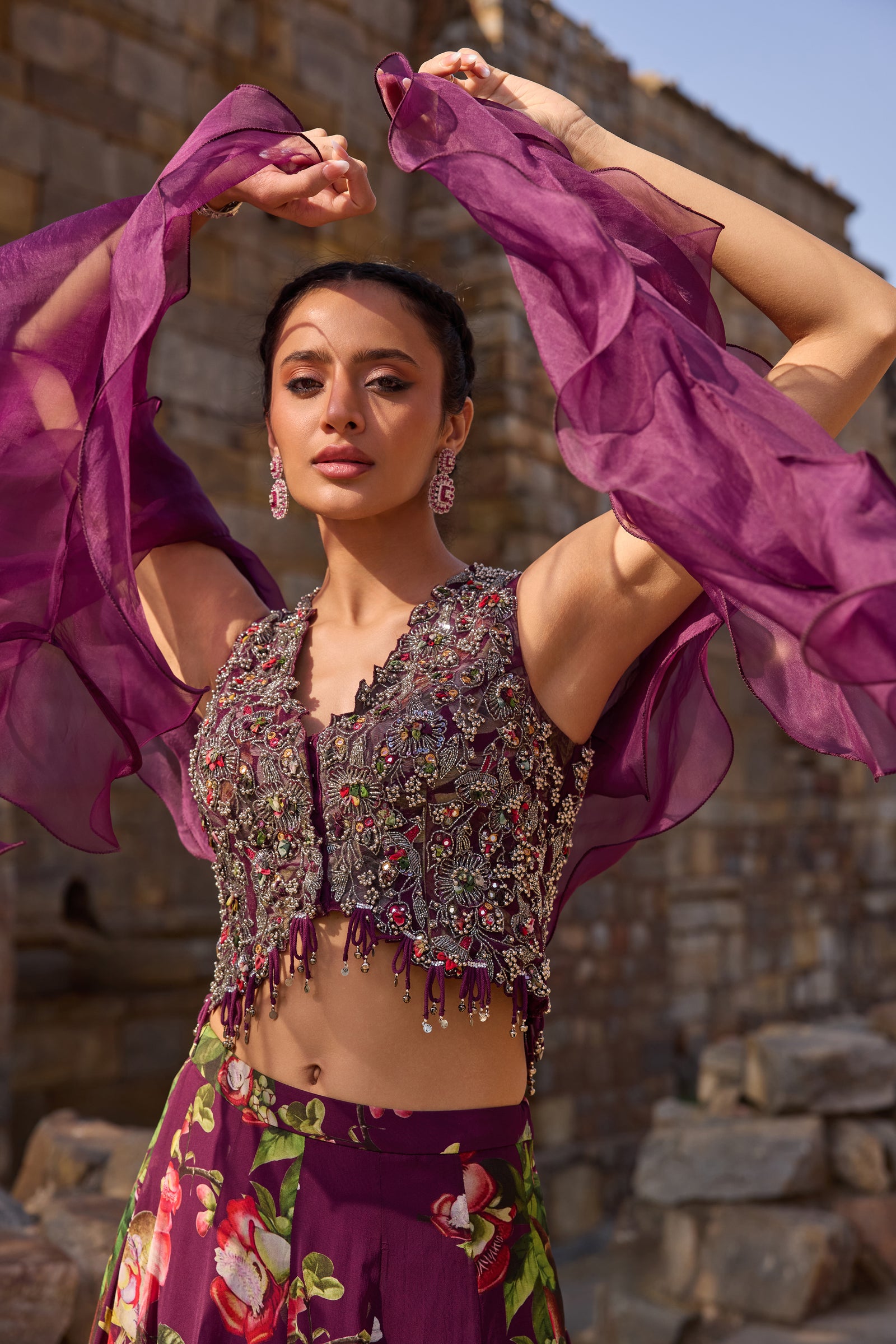 Purple Printed Embellished Lehenga Set