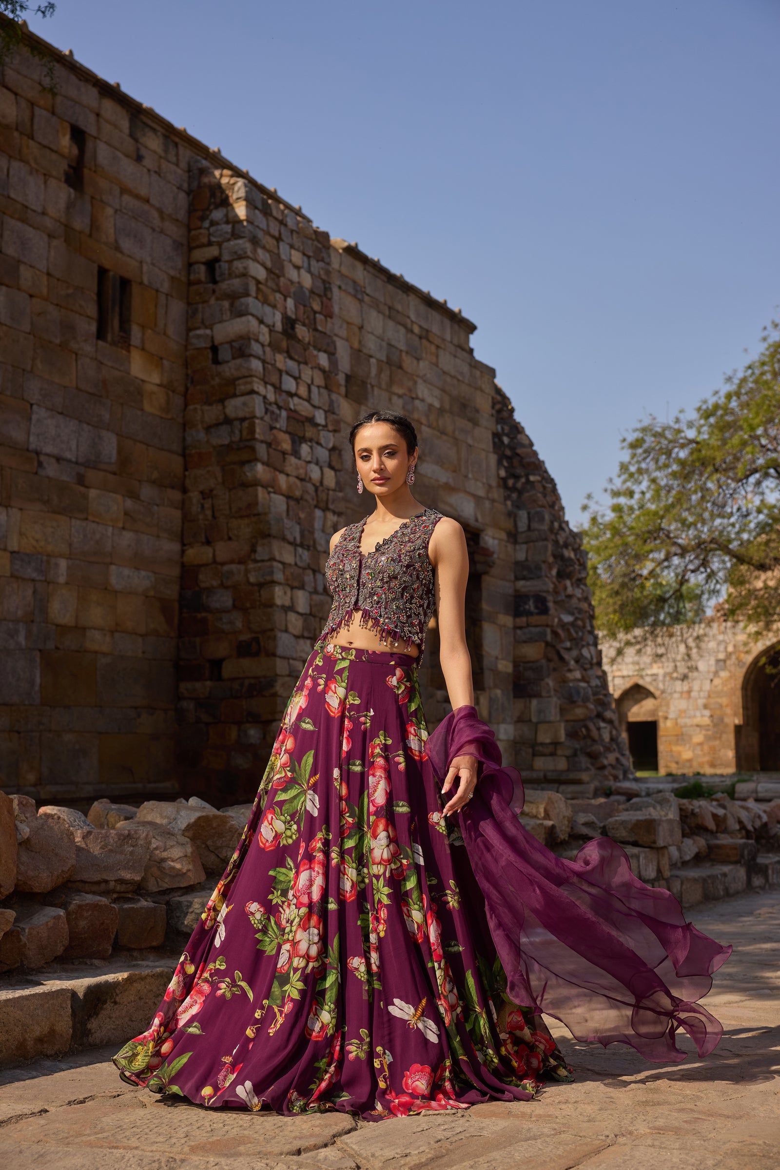 Purple Printed Embellished Lehenga Set