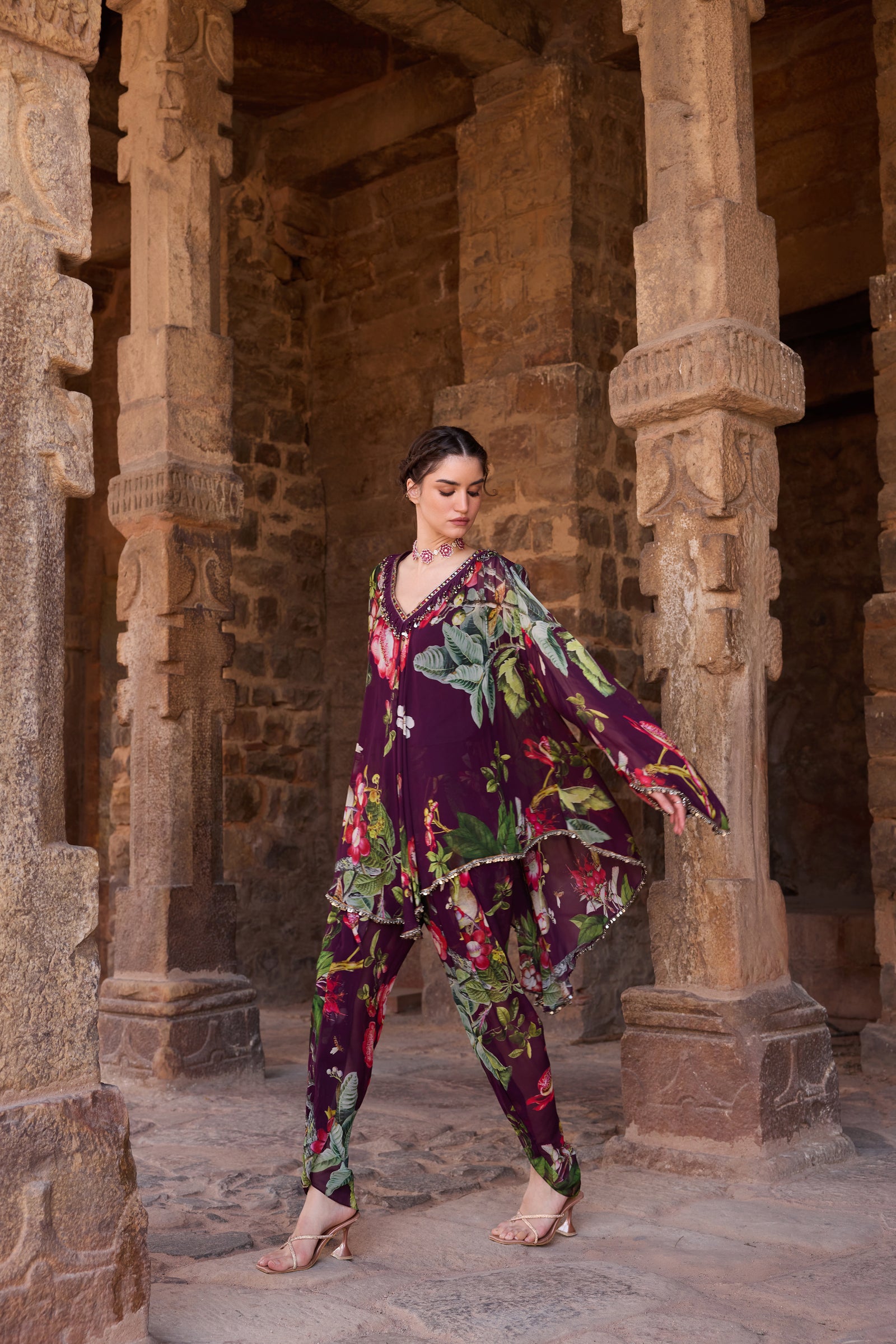 Purple Printed Tunic Set