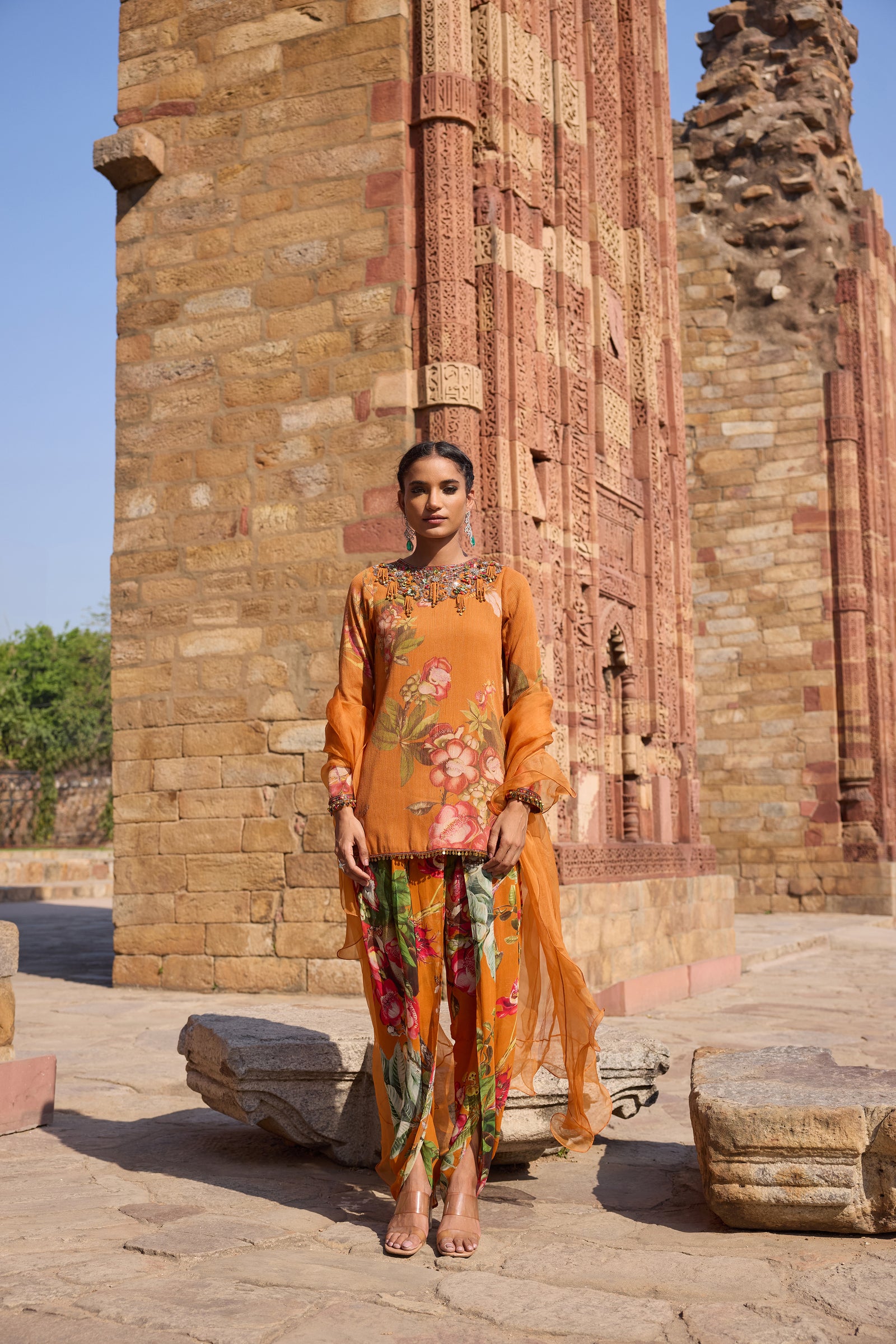 Orange Printed Tunic Set