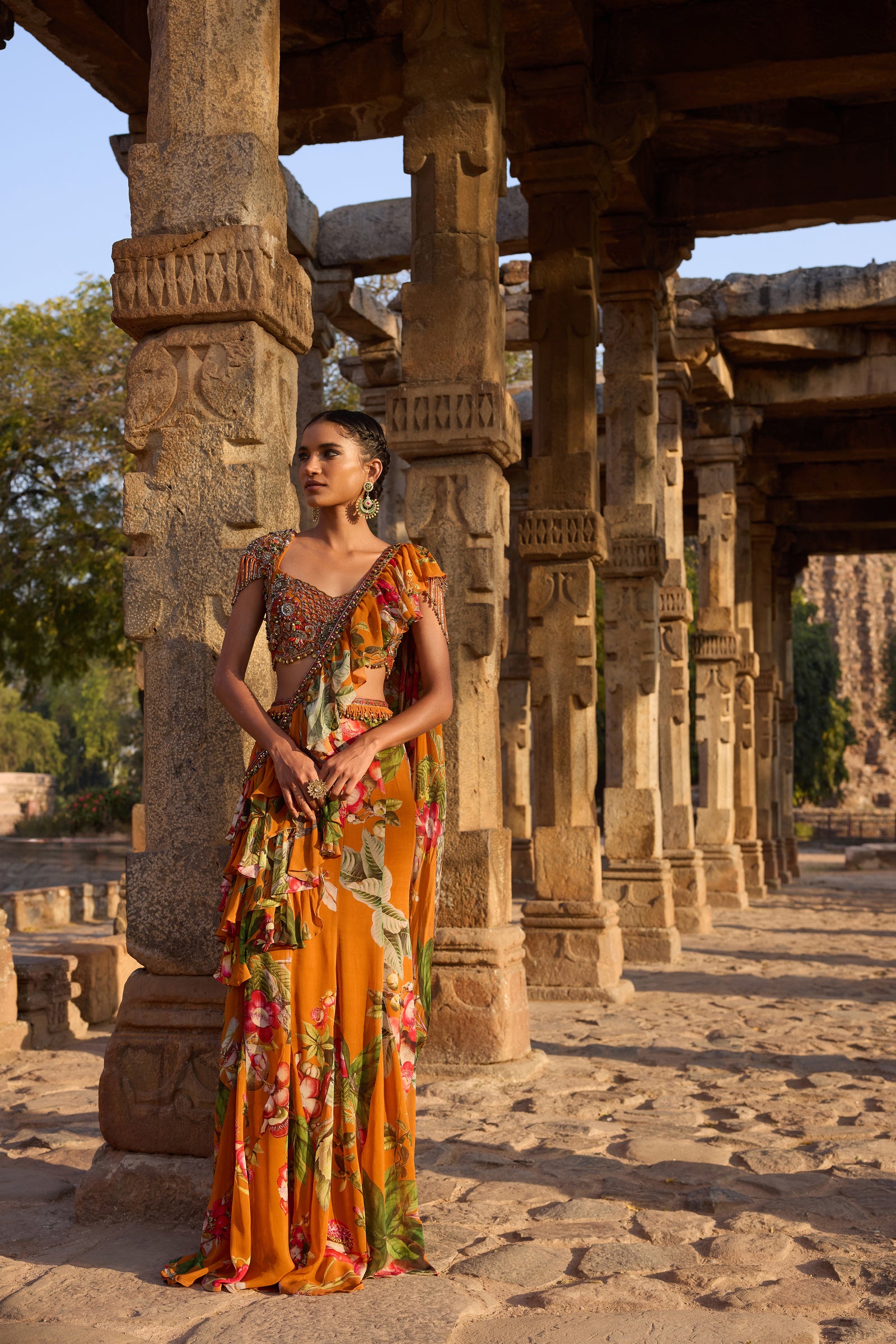Orange Printed Embellished Drape Saree Set