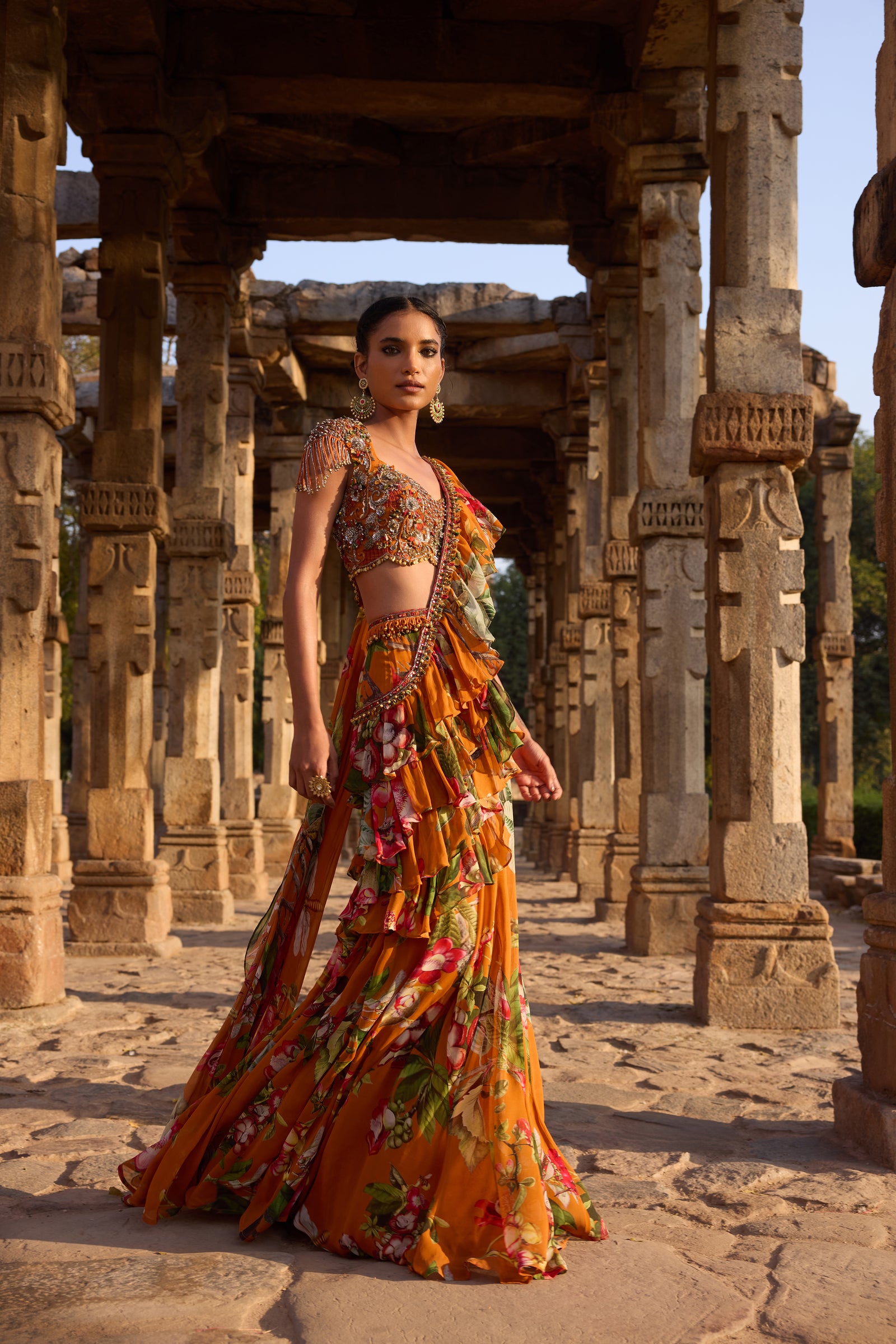 Orange Printed Embellished Drape Saree Set