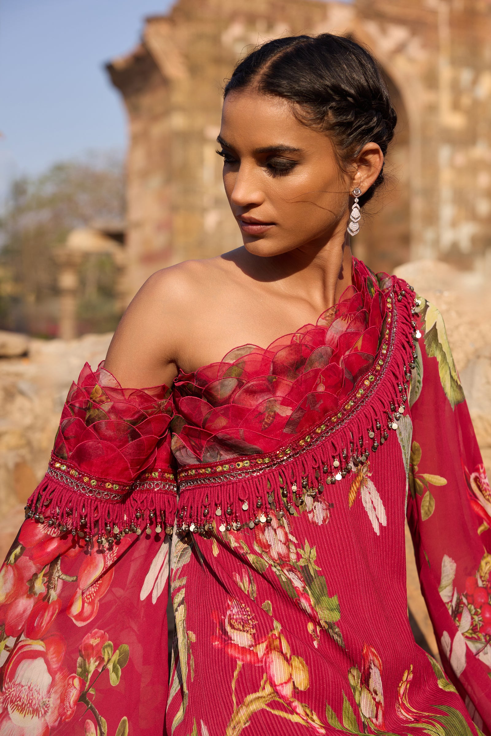 Fuchsia Printed One Shoulder Tunic Set