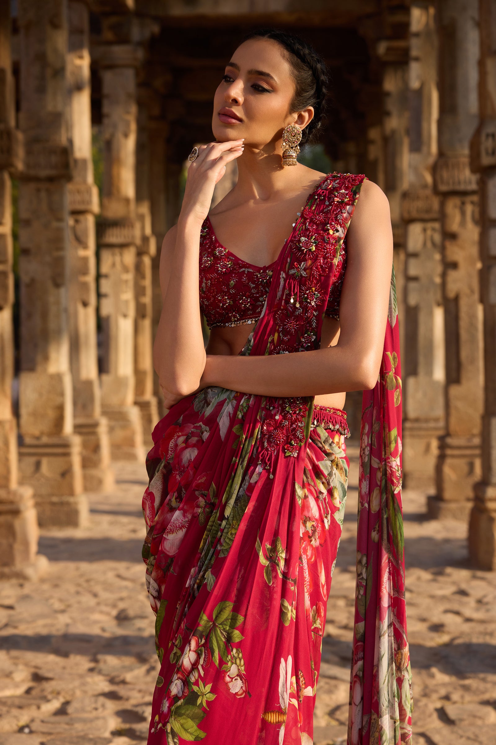 Fuchsia Printed Embellished Drape Saree