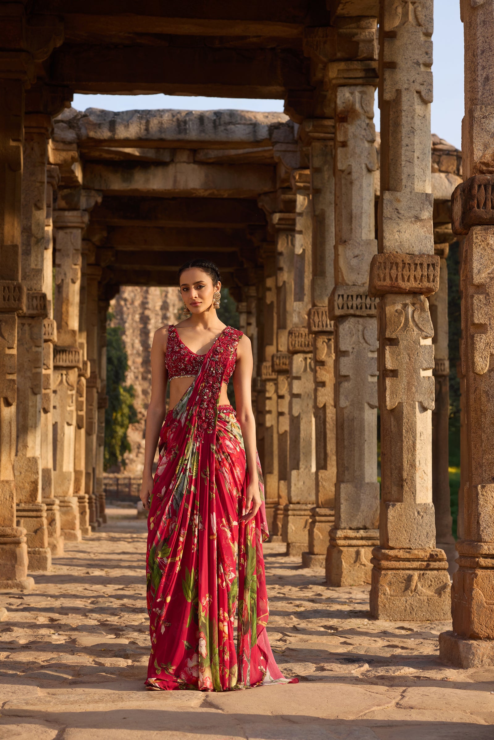 Fuchsia Printed Embellished Drape Saree
