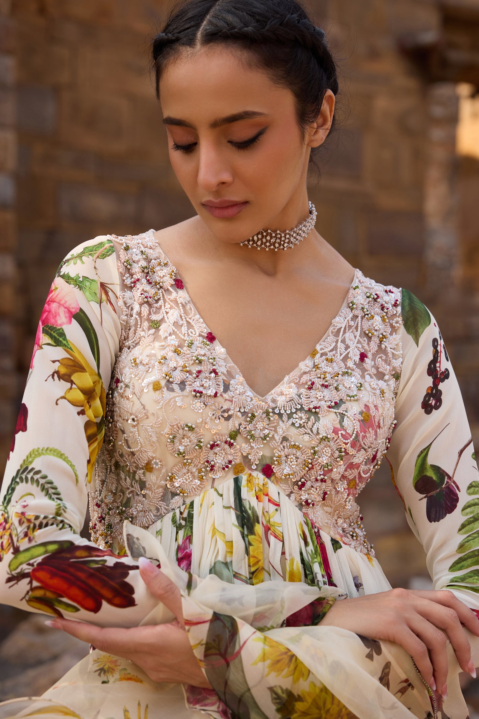 Ivory Printed Embellished Anarkali Set