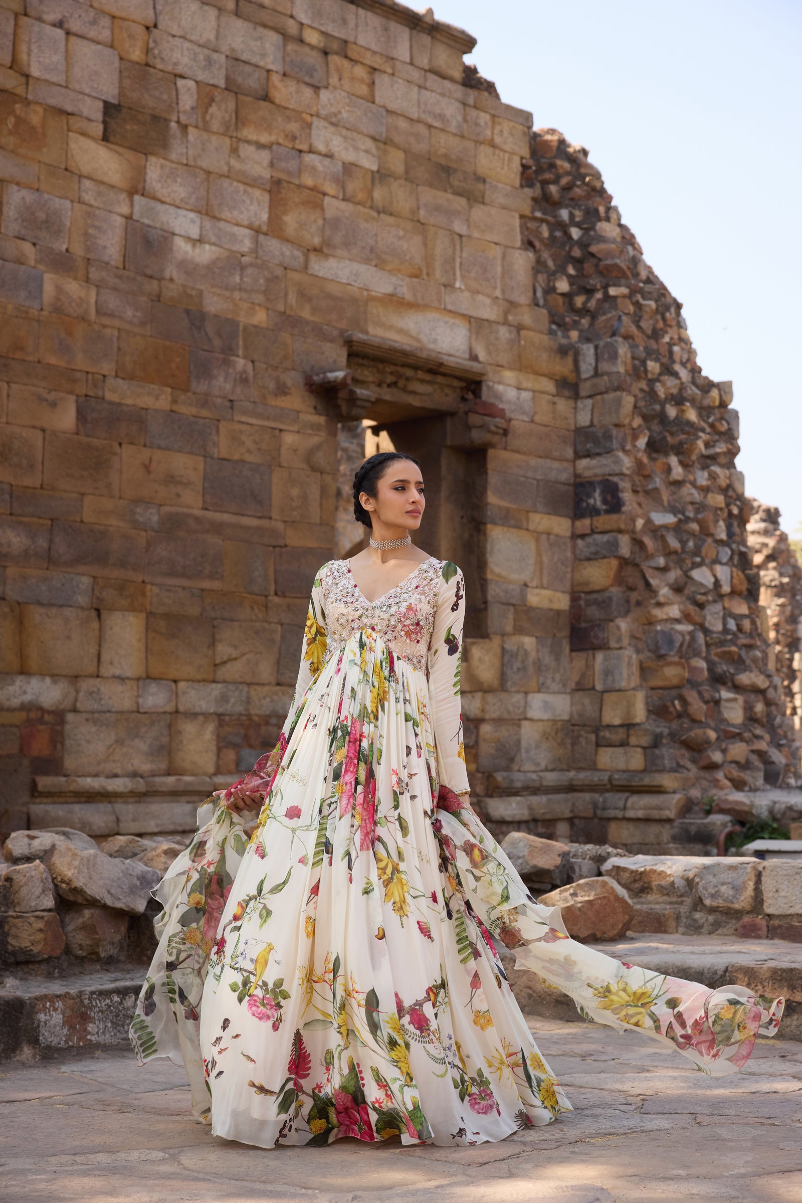 Ivory Printed Embellished Anarkali Set