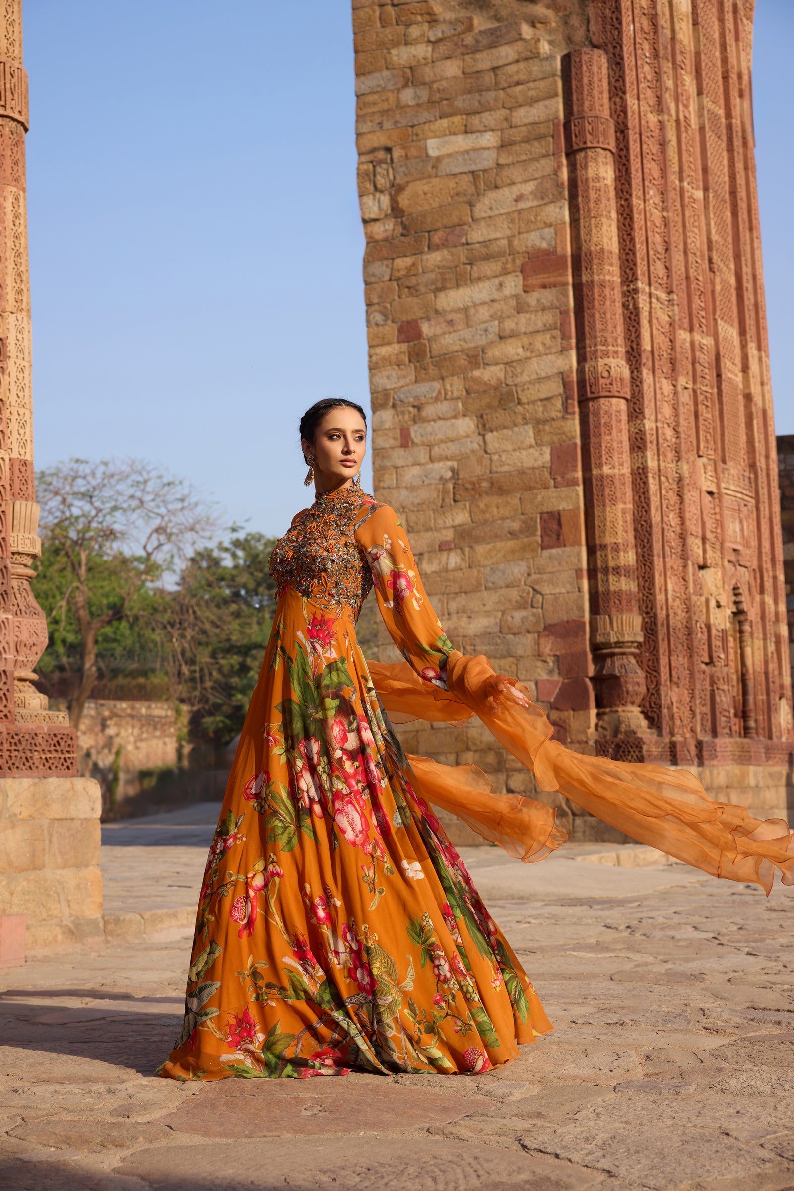 Orange Printed Embellished Anarkali Set