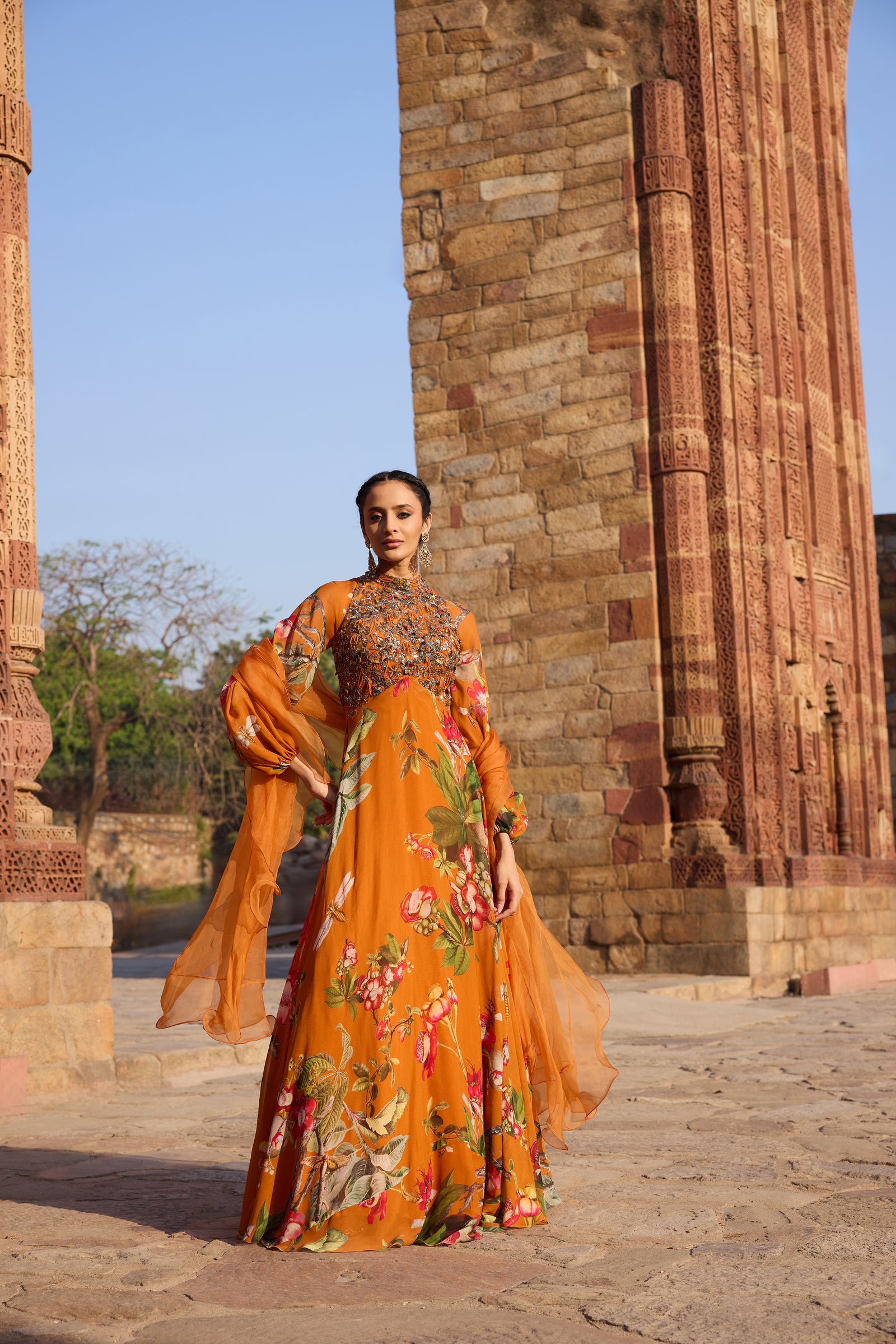 Orange Printed Embellished Anarkali Set