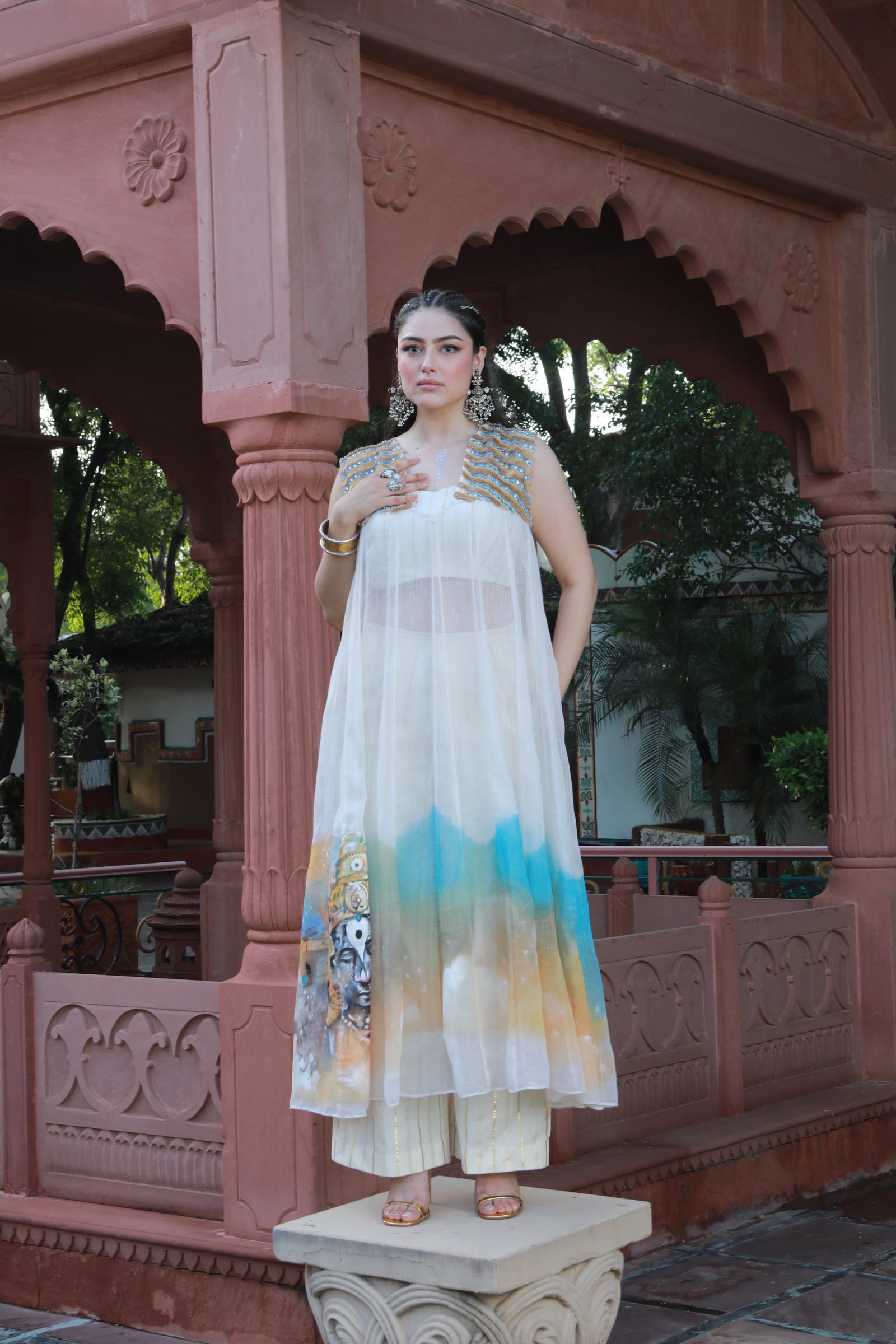 Hand Painted Kota Doria Kurta And Cotton Tube And Pants