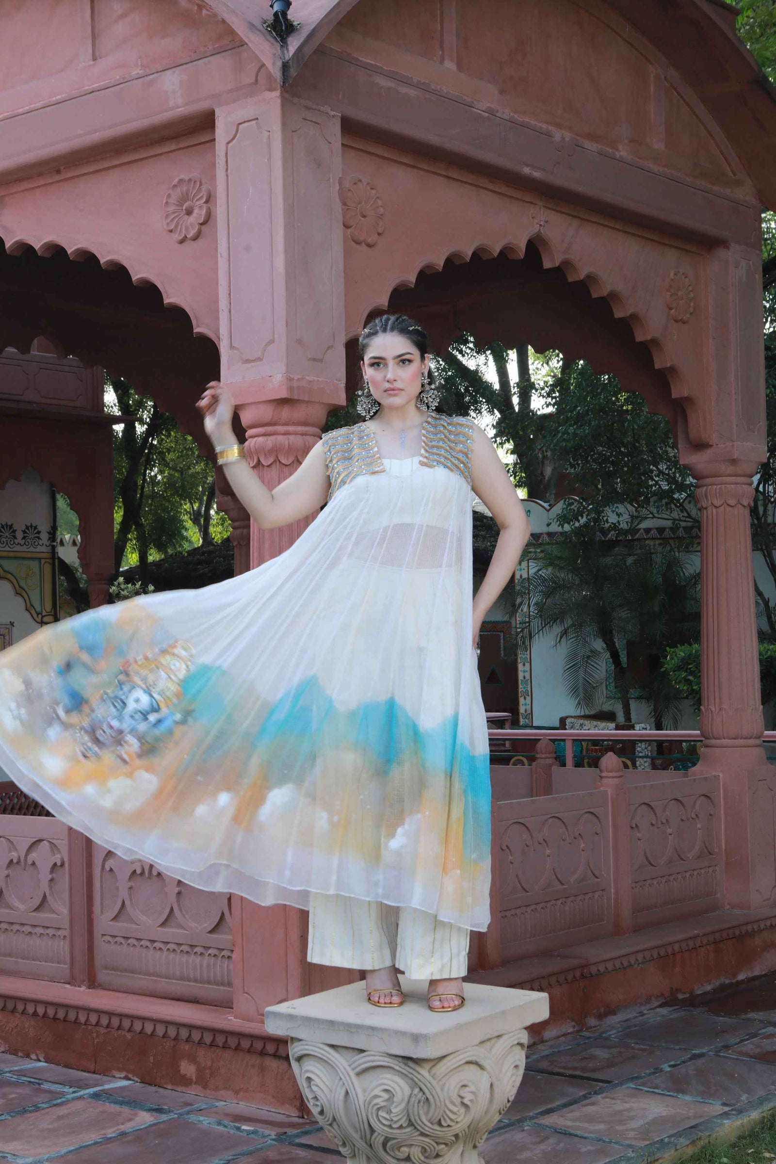 Hand Painted Kota Doria Kurta And Cotton Tube And Pants