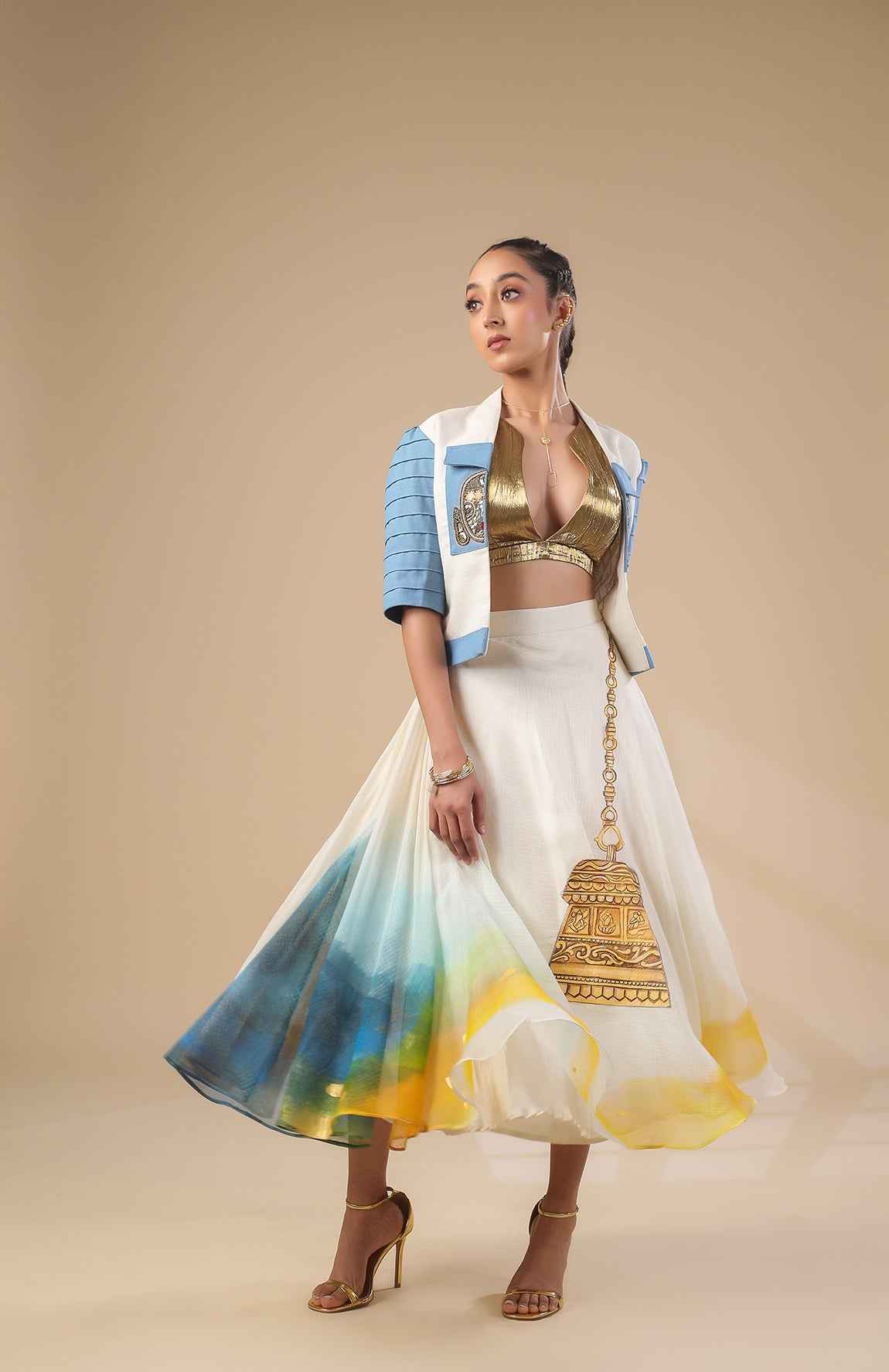 Kota Doria Jacket Gold Bralette With Kota Doria Skirt