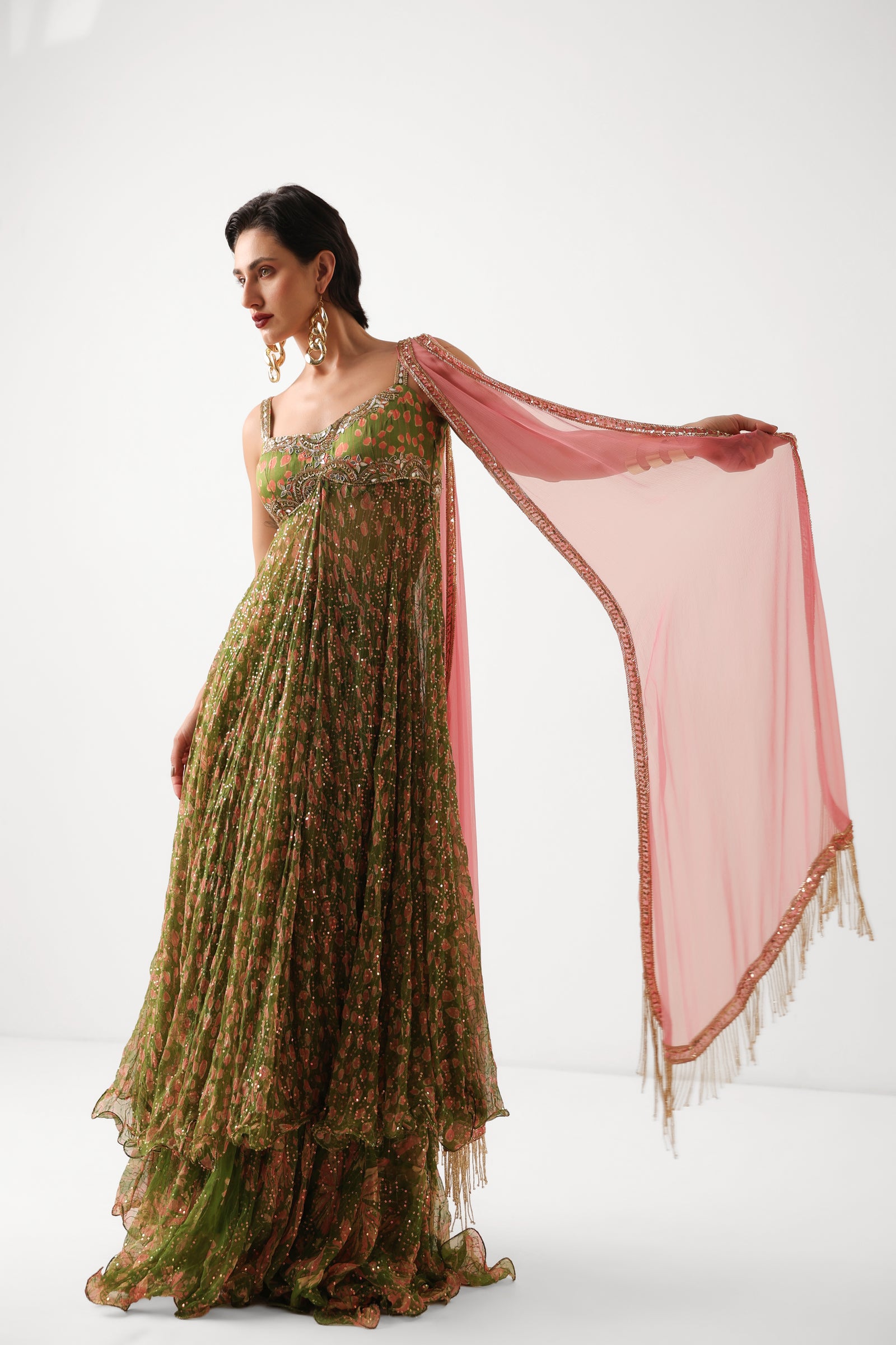 The Calcutta Mehendi set in avacado green with gulabi dupatta