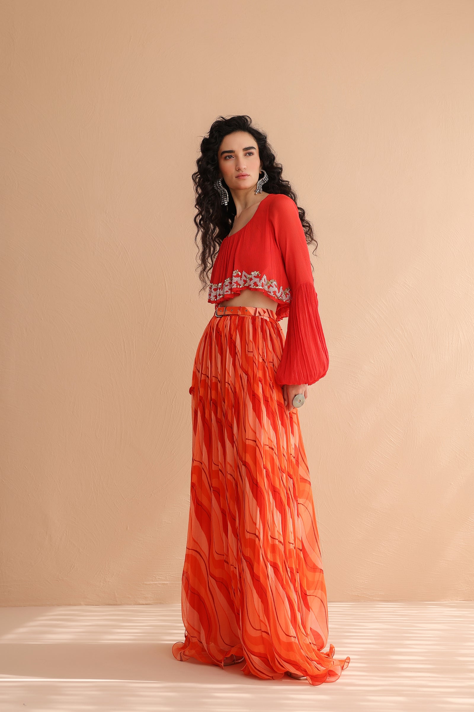 Coral Collar Boho Top with Lehar Print Skirt Set