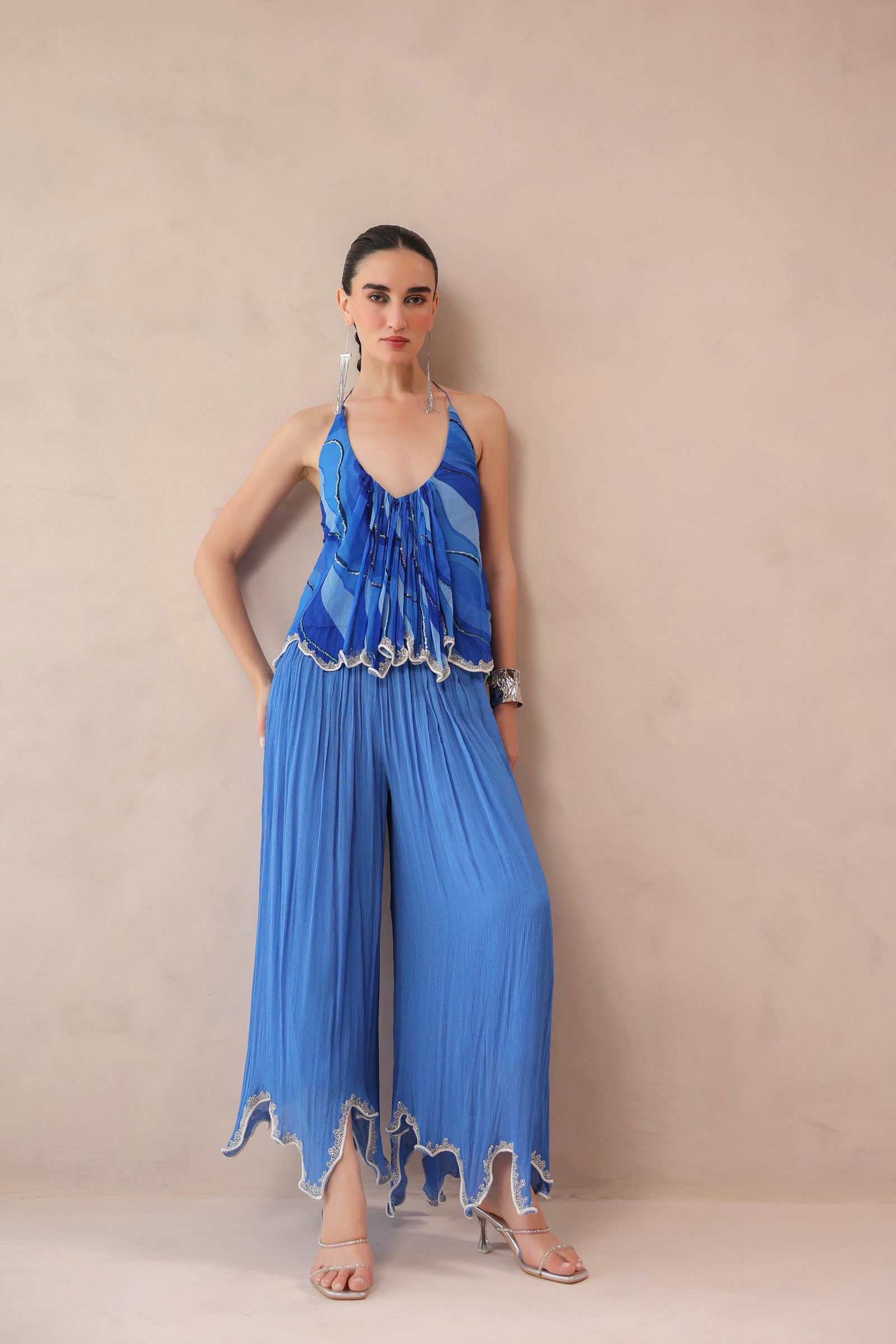 Vegas blue boho halter top with ocean blue cutwork palazzo set
