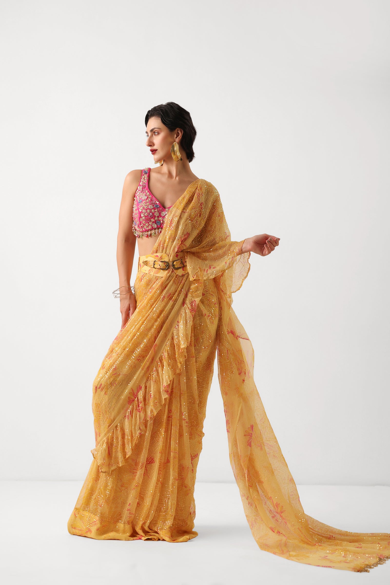 The alipore jhilmil saree set in butter yellow with phool gota blouse