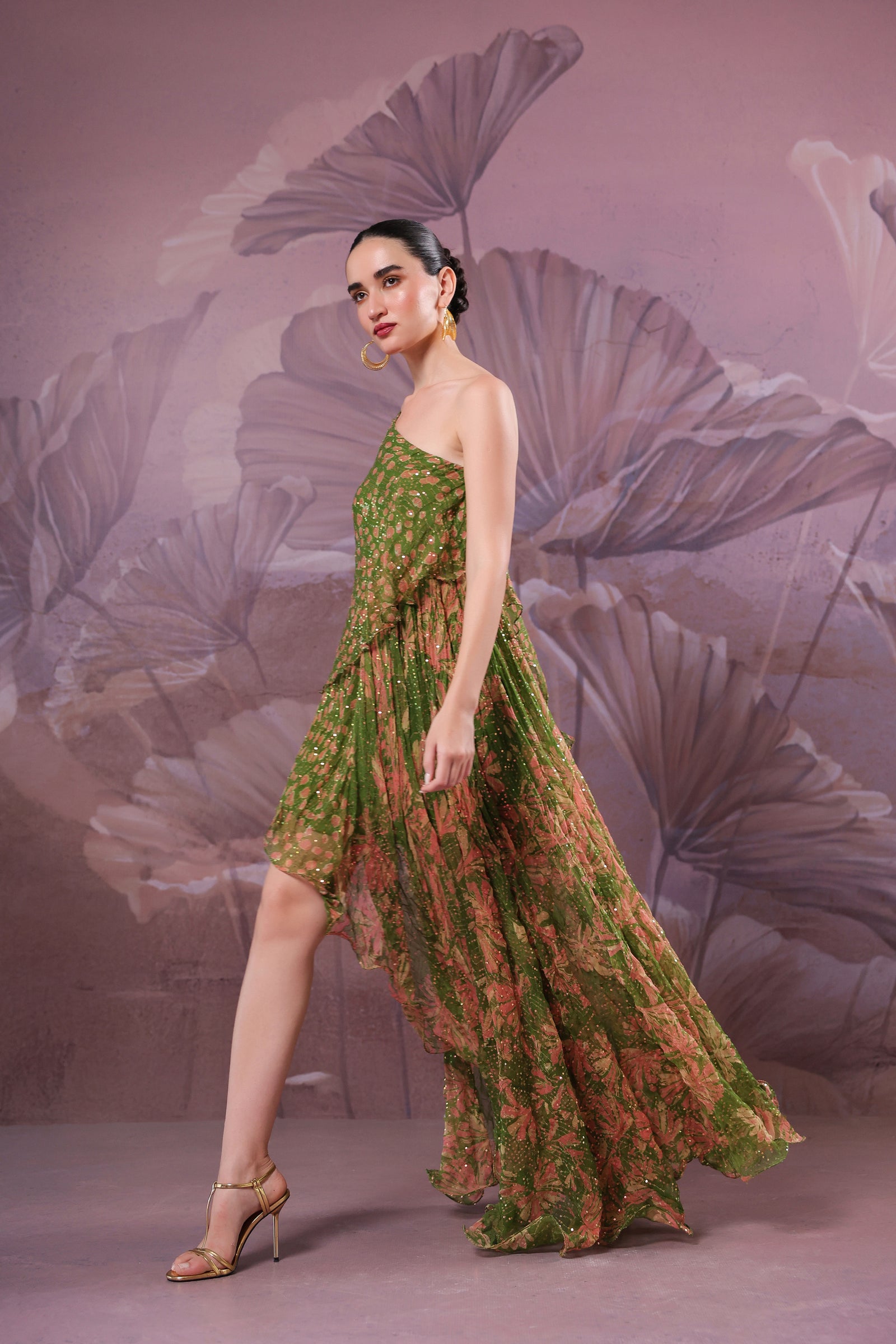 Avacado green marble palace 1 off shoulder maxi