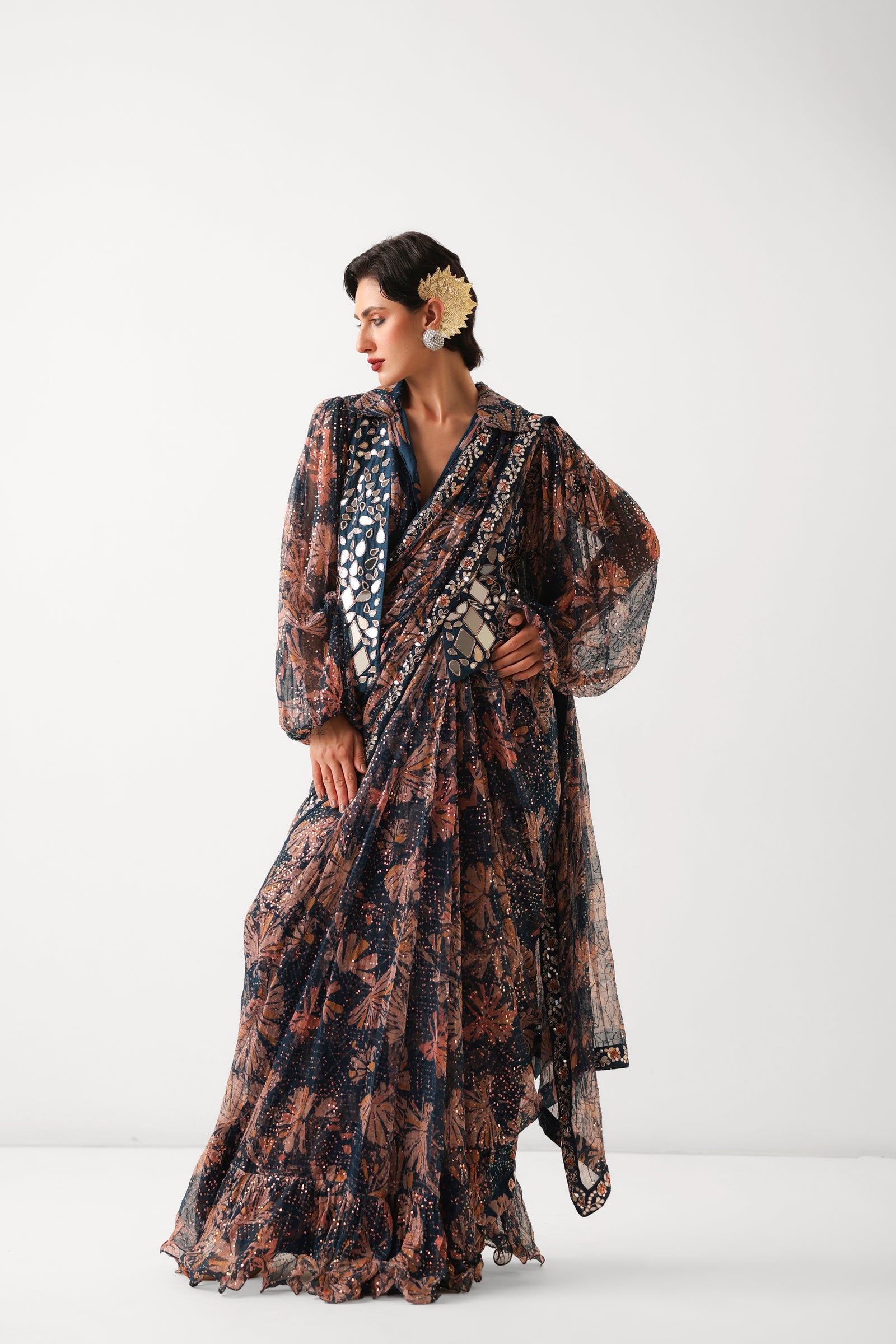 The prussian blue Sheesha Koti Saree