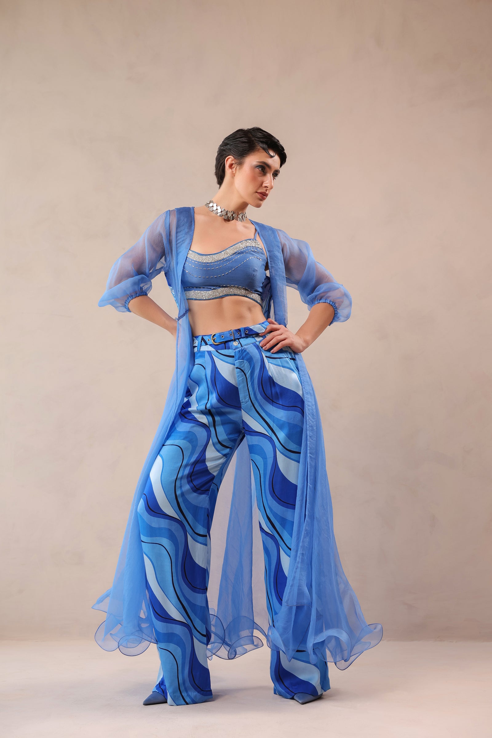 Ocean Blue sheer jacket & tide bling top with Atlantic Blue lehar Print pant set