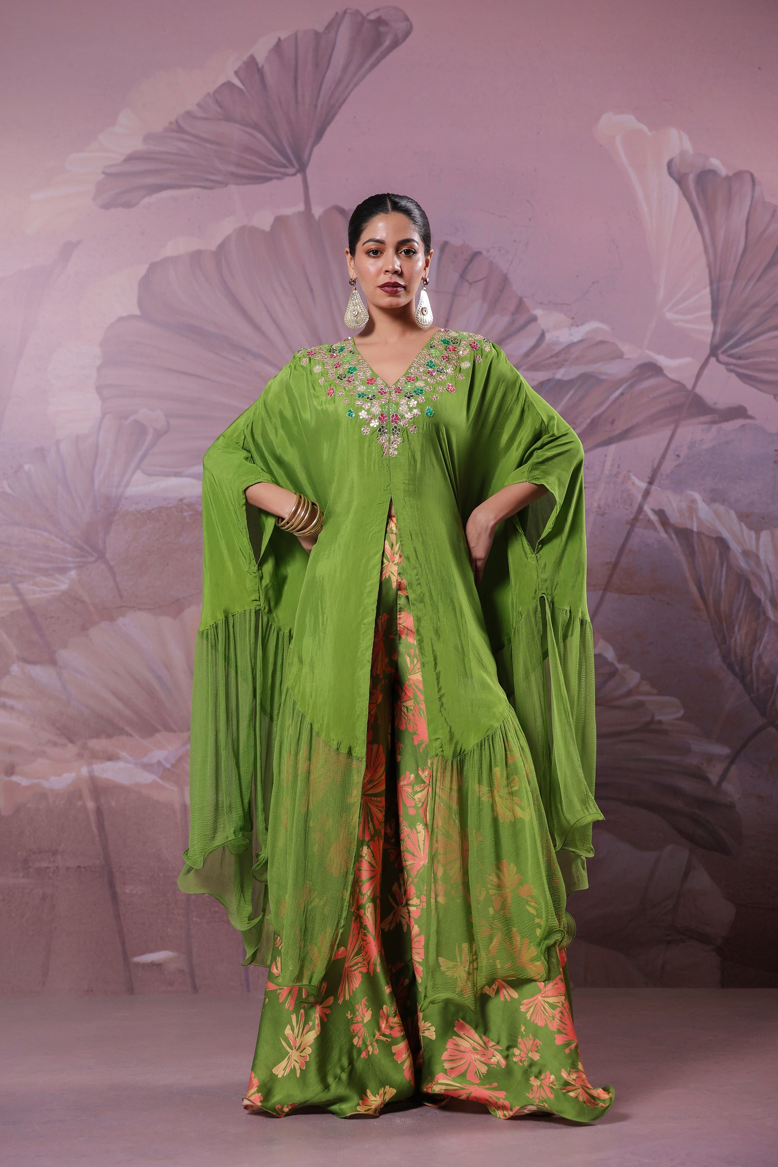 The  Avacado Green Chakarborty gotaphool kaftaan set