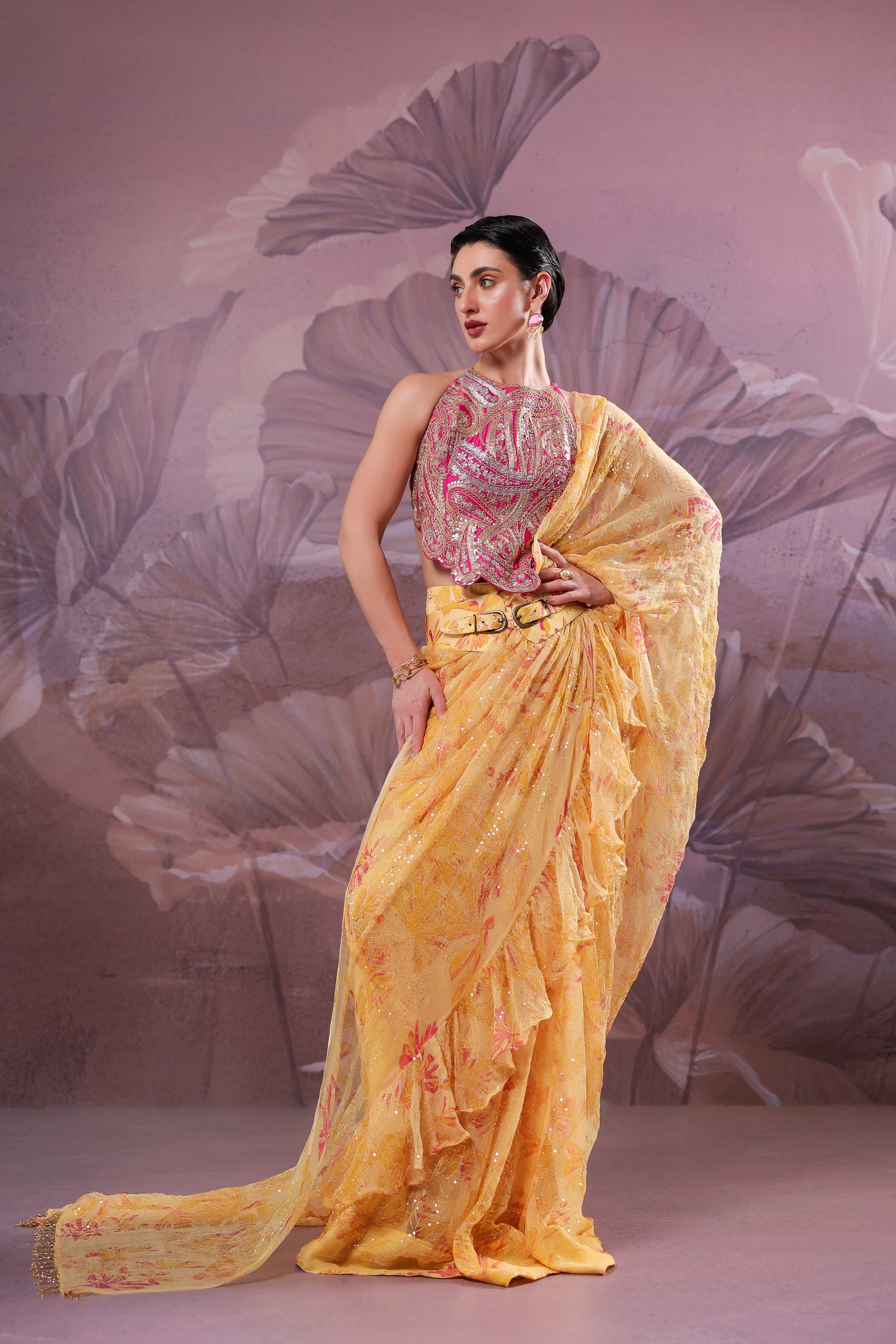 The alipore jhilmil saree set in butter yellowwith Ambi Rani Blouse