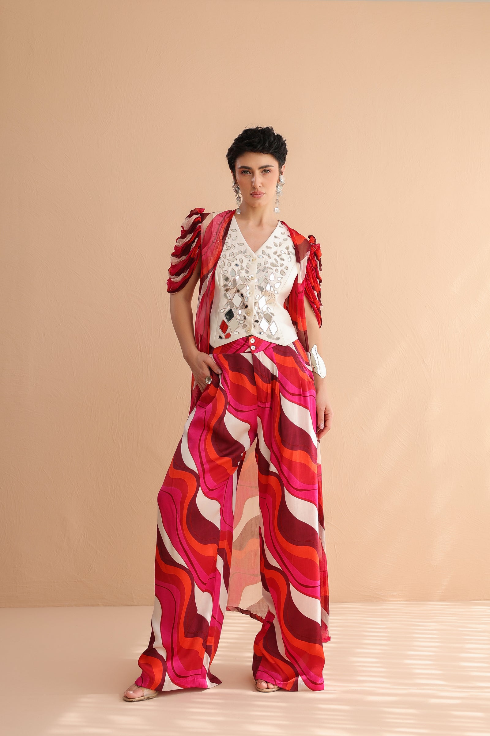 The Swagger Sheesha koti jacket-pant  set in ivory & fushcia lehar