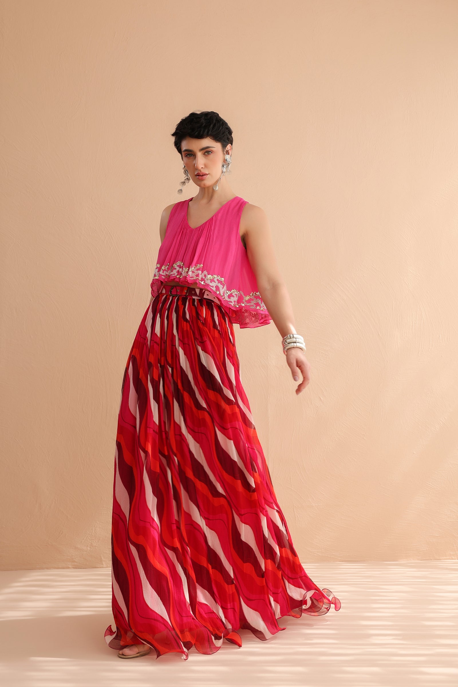 Fuchsia Collar Boho Top with Lehar Print Skirt Set