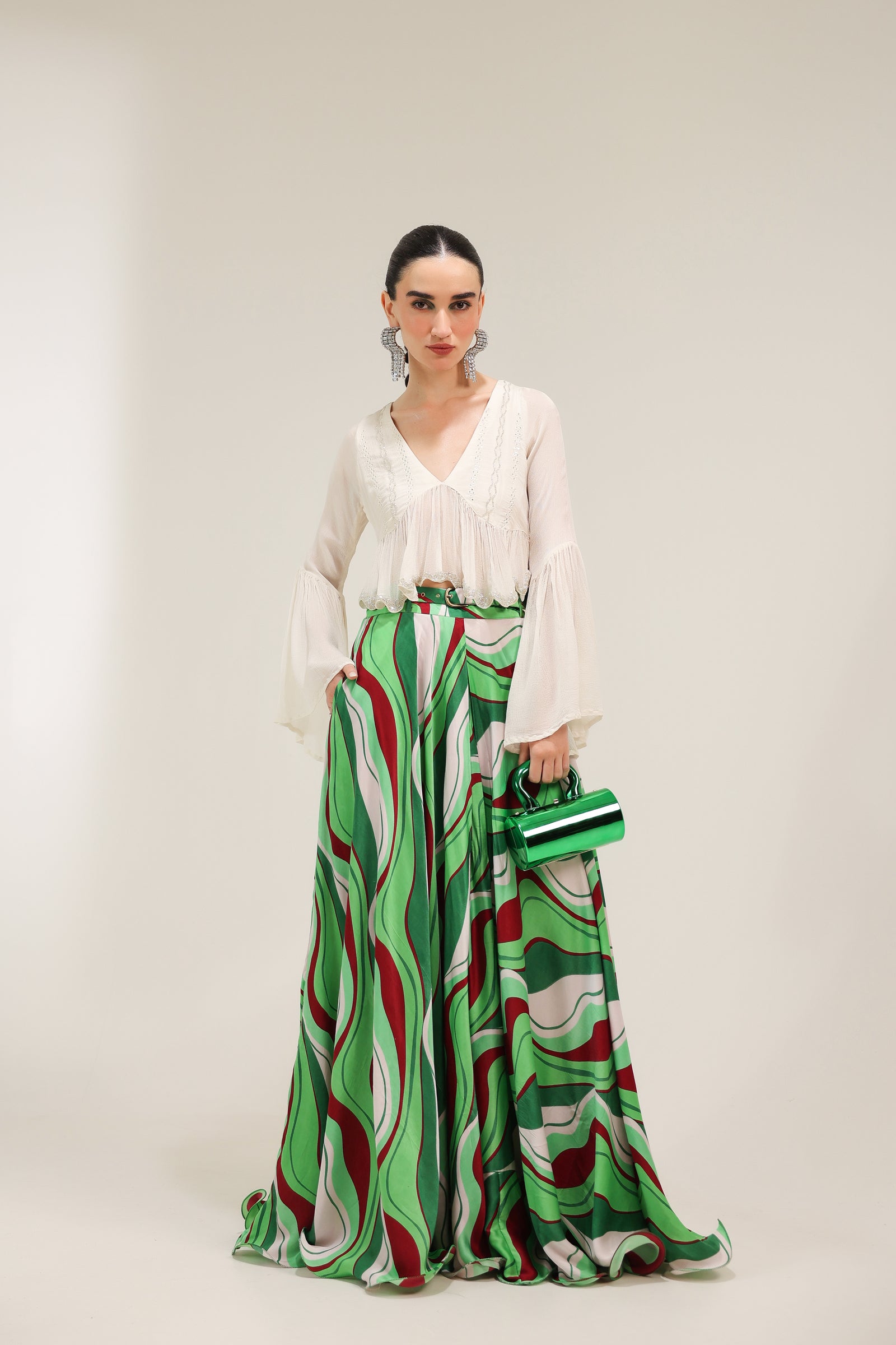 Ivory Sand Boho Top with Forest Green Lehar Print skirt set