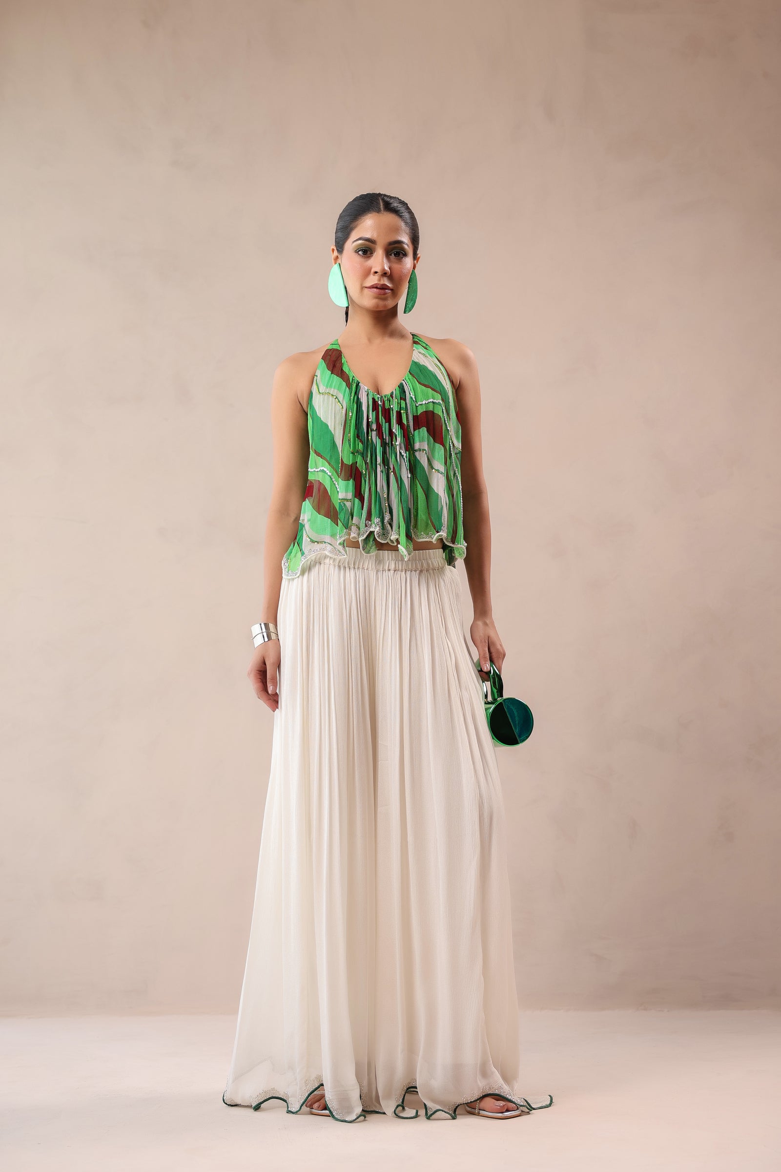 Vegas green halter boho top with Ivory cutwork Palazzo set