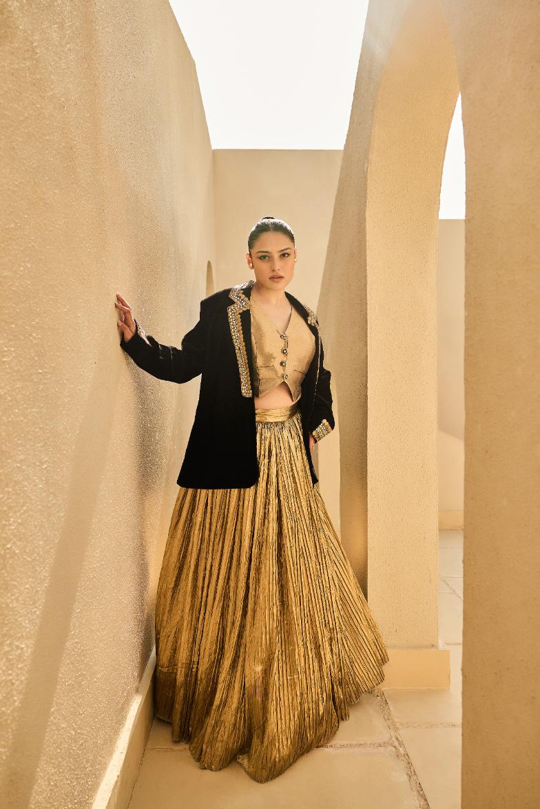 Velvet Blazer Silk Jacquard Waist Coat Crushed Lehanga