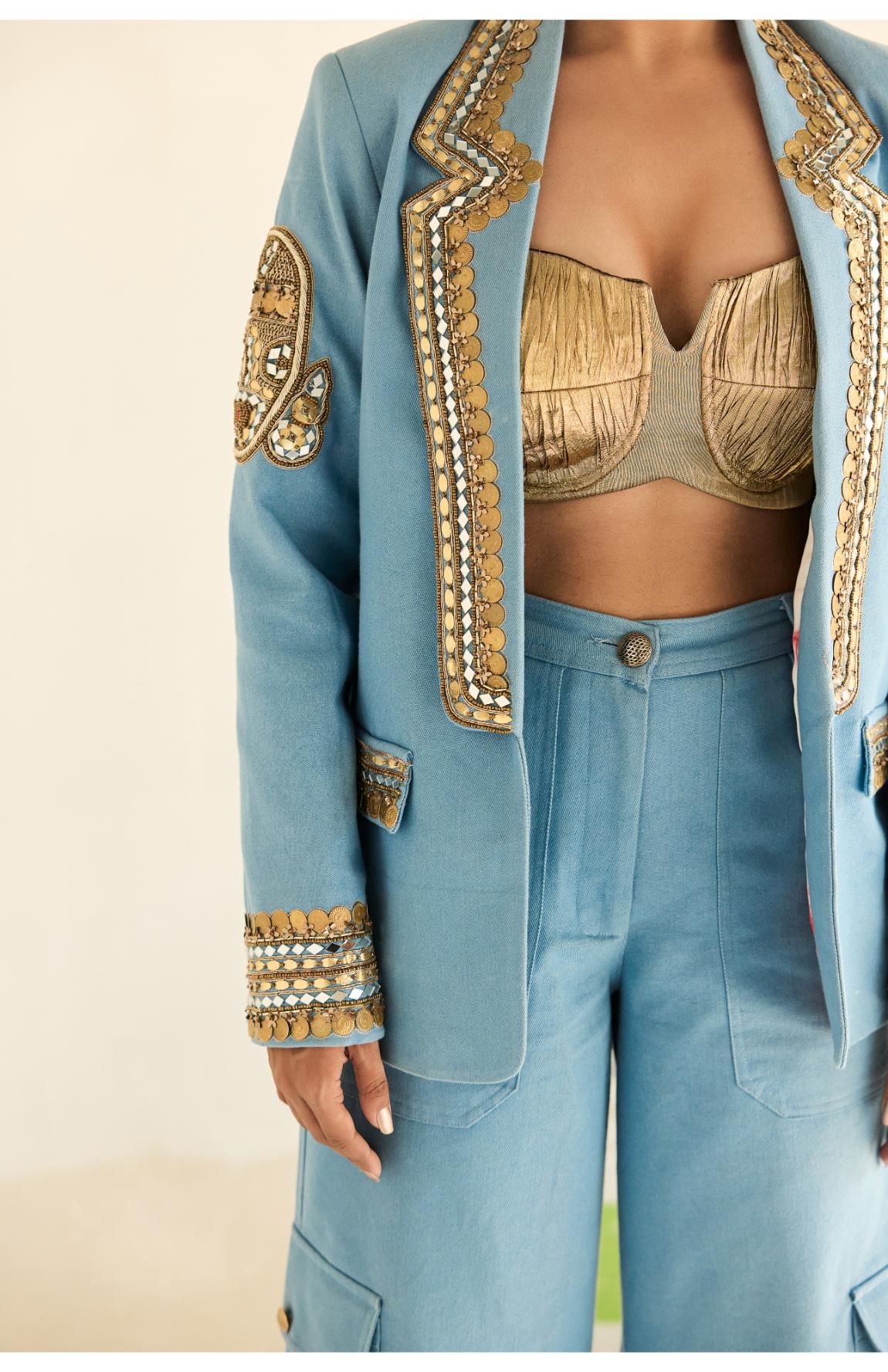 Denim Blazer Gold Bustier With Denim Cargo Pants