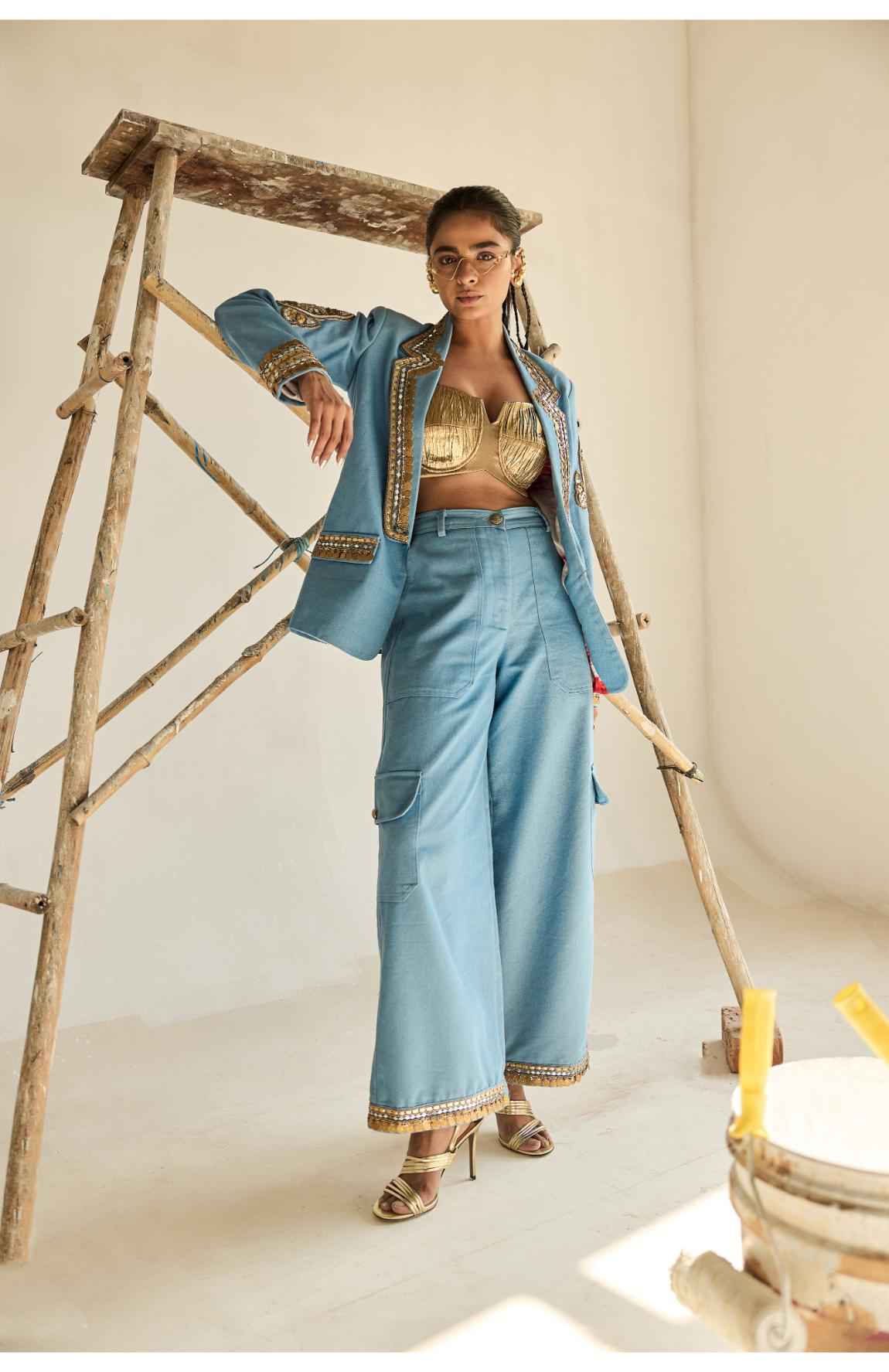 Denim Blazer Gold Bustier With Denim Cargo Pants