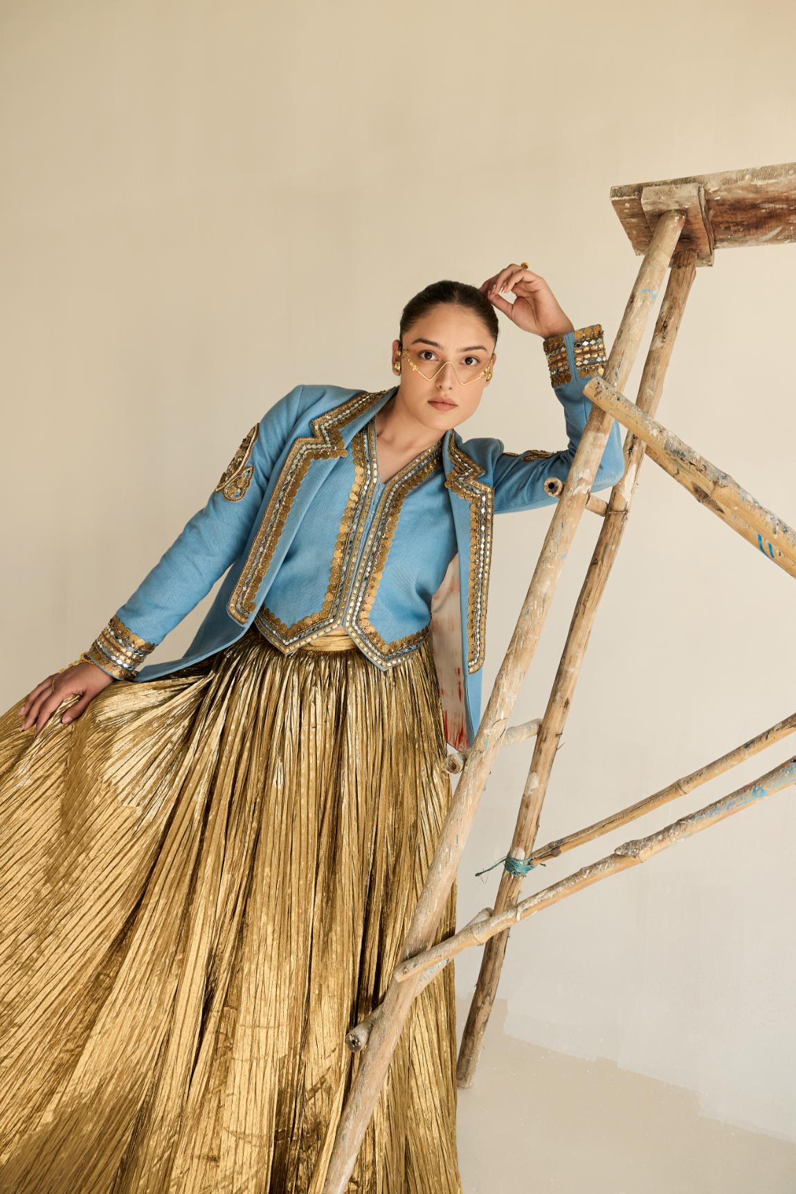 Denim Blazer And Waist Coat And Silk Jecquard Crushed Lehanga