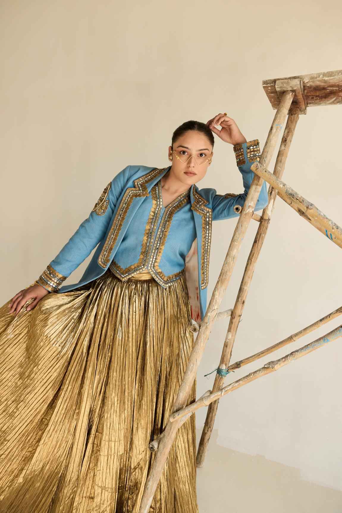 Denim Blazer And Waist Coat And Silk Jecquard Crushed Lehanga