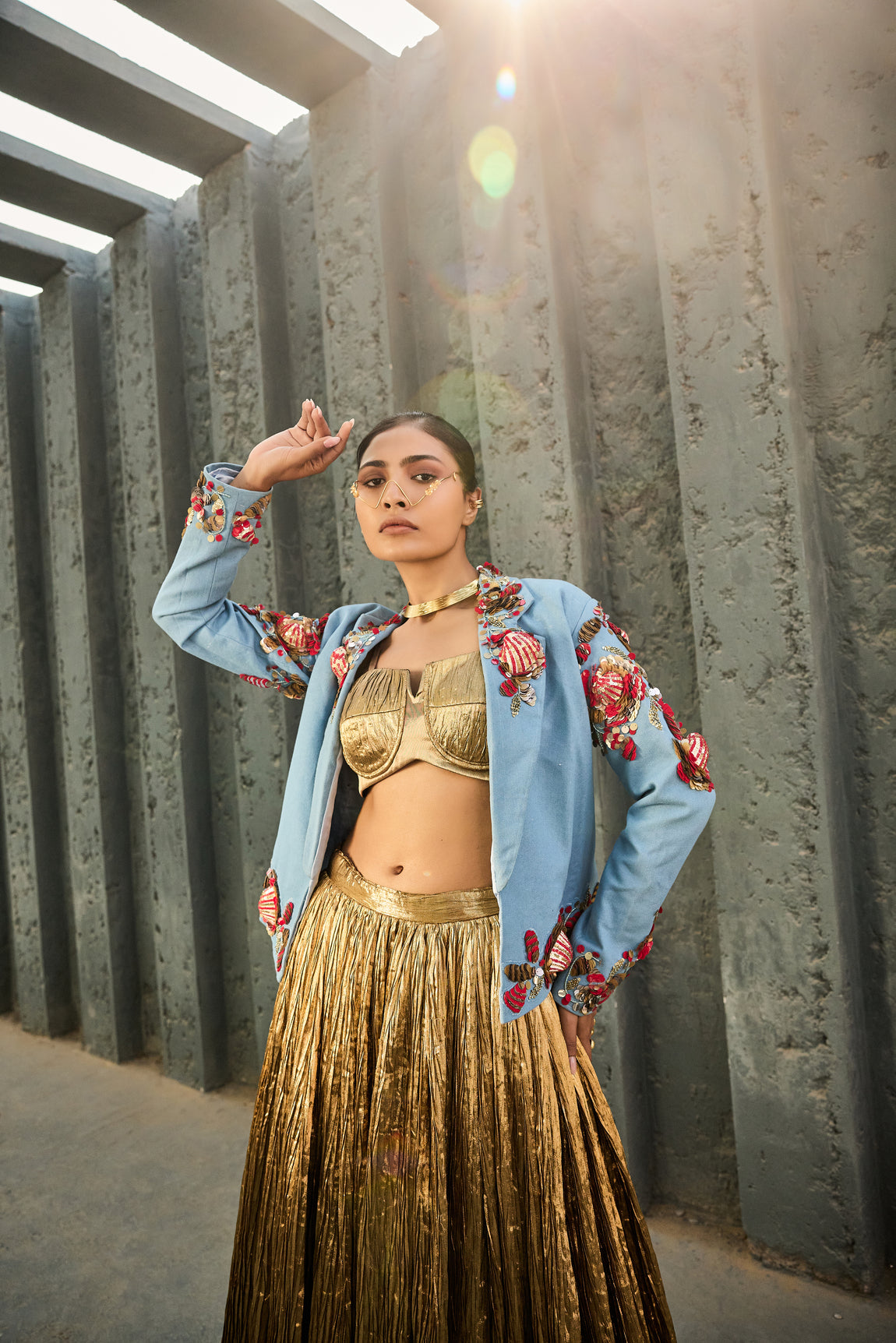 Denim Blazer Silk Jacquard Bustier Crushed Skirt