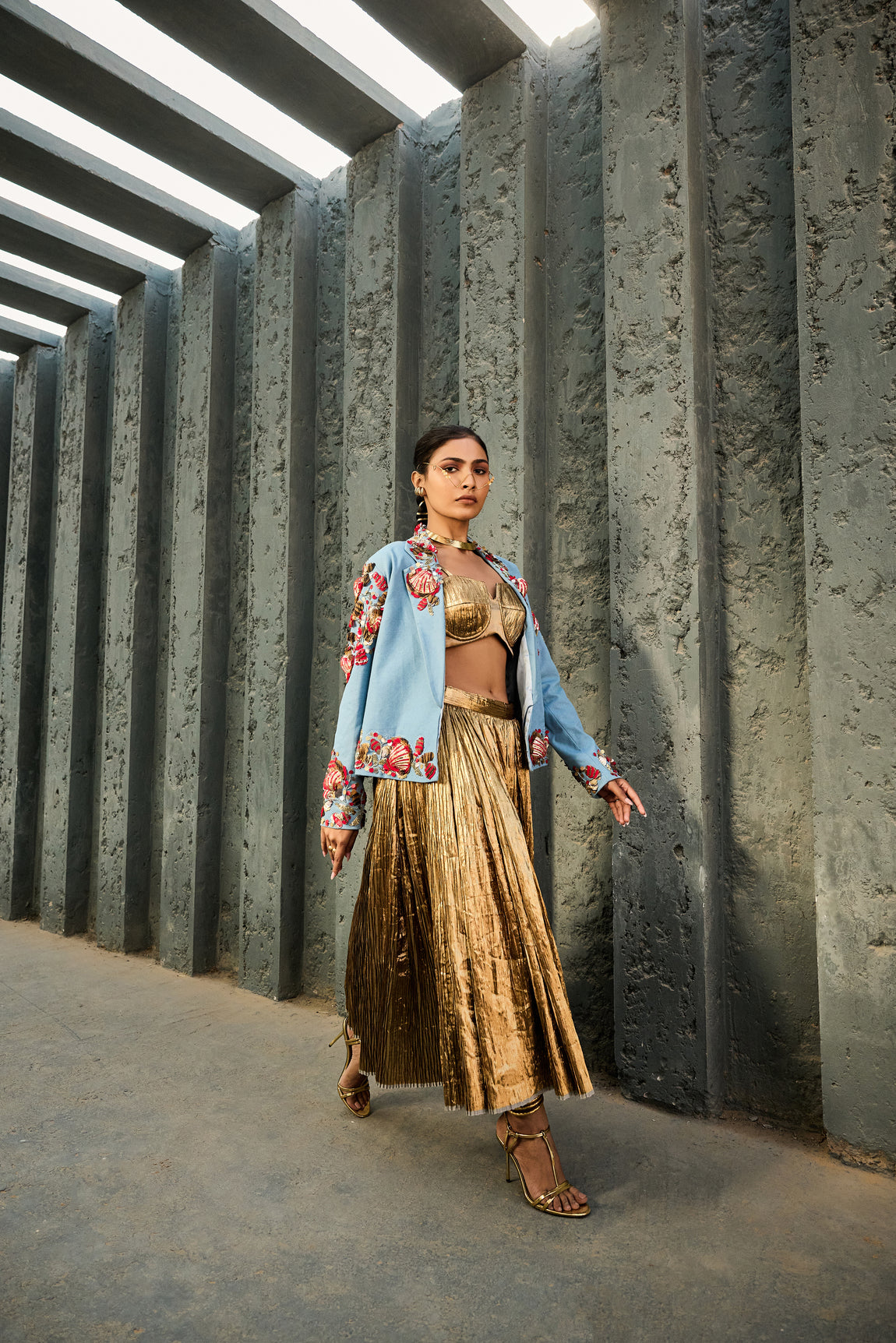 Denim Blazer Silk Jacquard Bustier Crushed Skirt