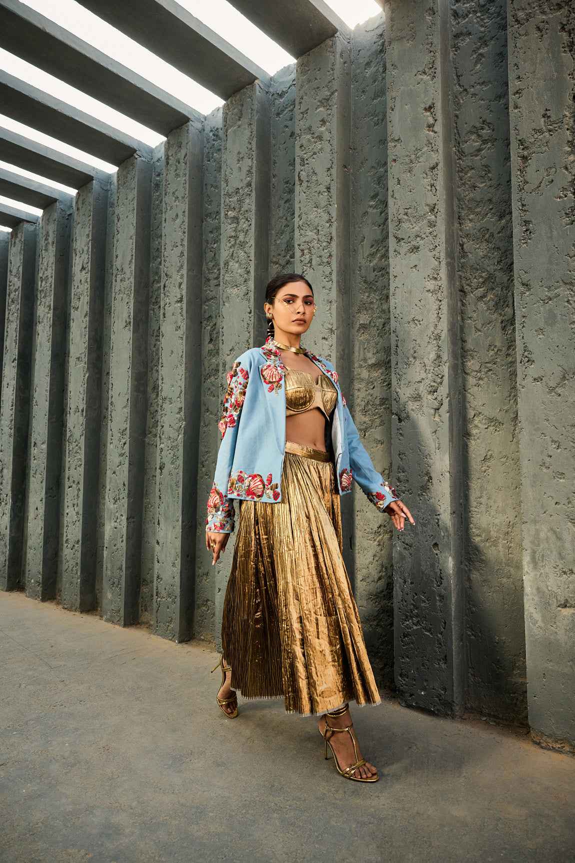 Denim Blazer Silk Jacquard Bustier Crushed Skirt