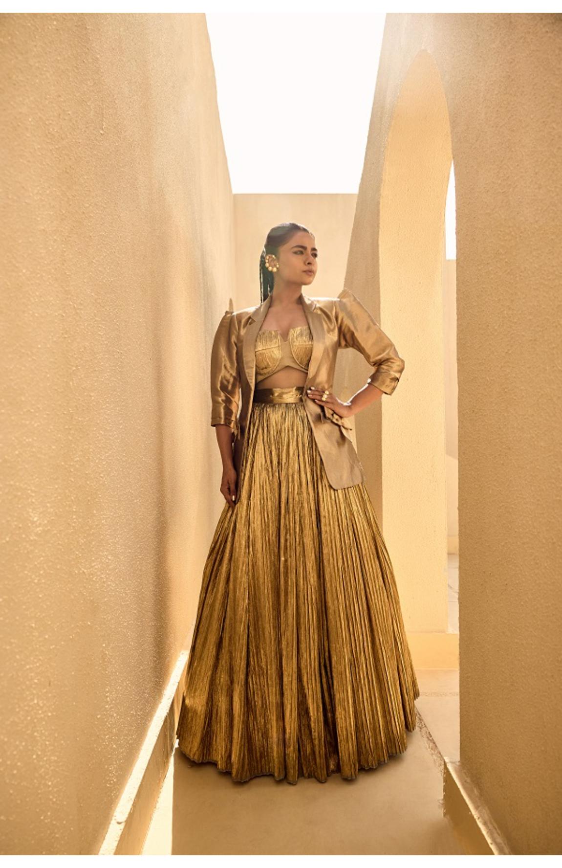 Gold Silk Jacquard Jacket With Gold Bustier And Gold Lehanga