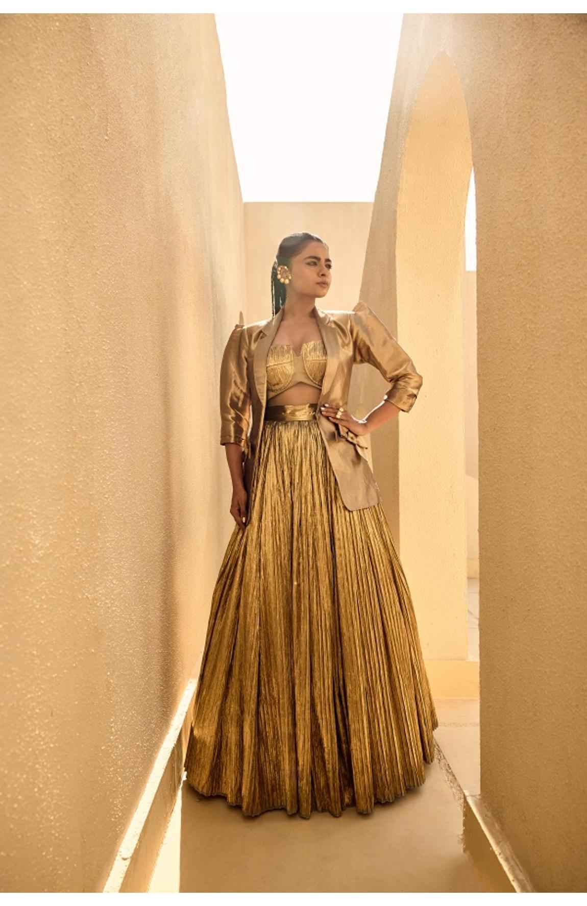 Gold Silk Jacquard Jacket With Gold Bustier And Gold Lehanga