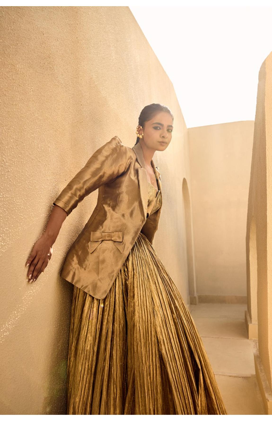 Gold Silk Jacquard Jacket With Gold Bustier And Gold Lehanga