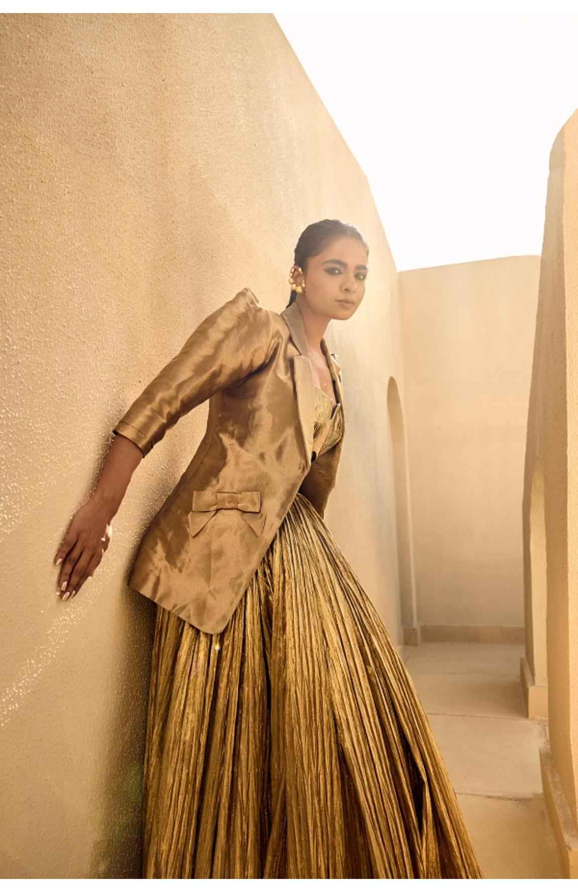 Gold Silk Jacquard Jacket With Gold Bustier And Gold Lehanga