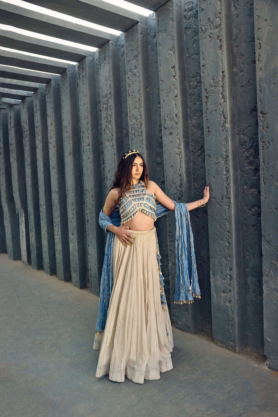Halter Neck Crop Top With Mal Lehanga And Crushed Cotton Dupatta